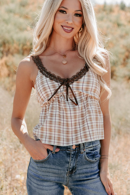 Girly & Dreamy Plaid Tank Top (Cream/Brown)