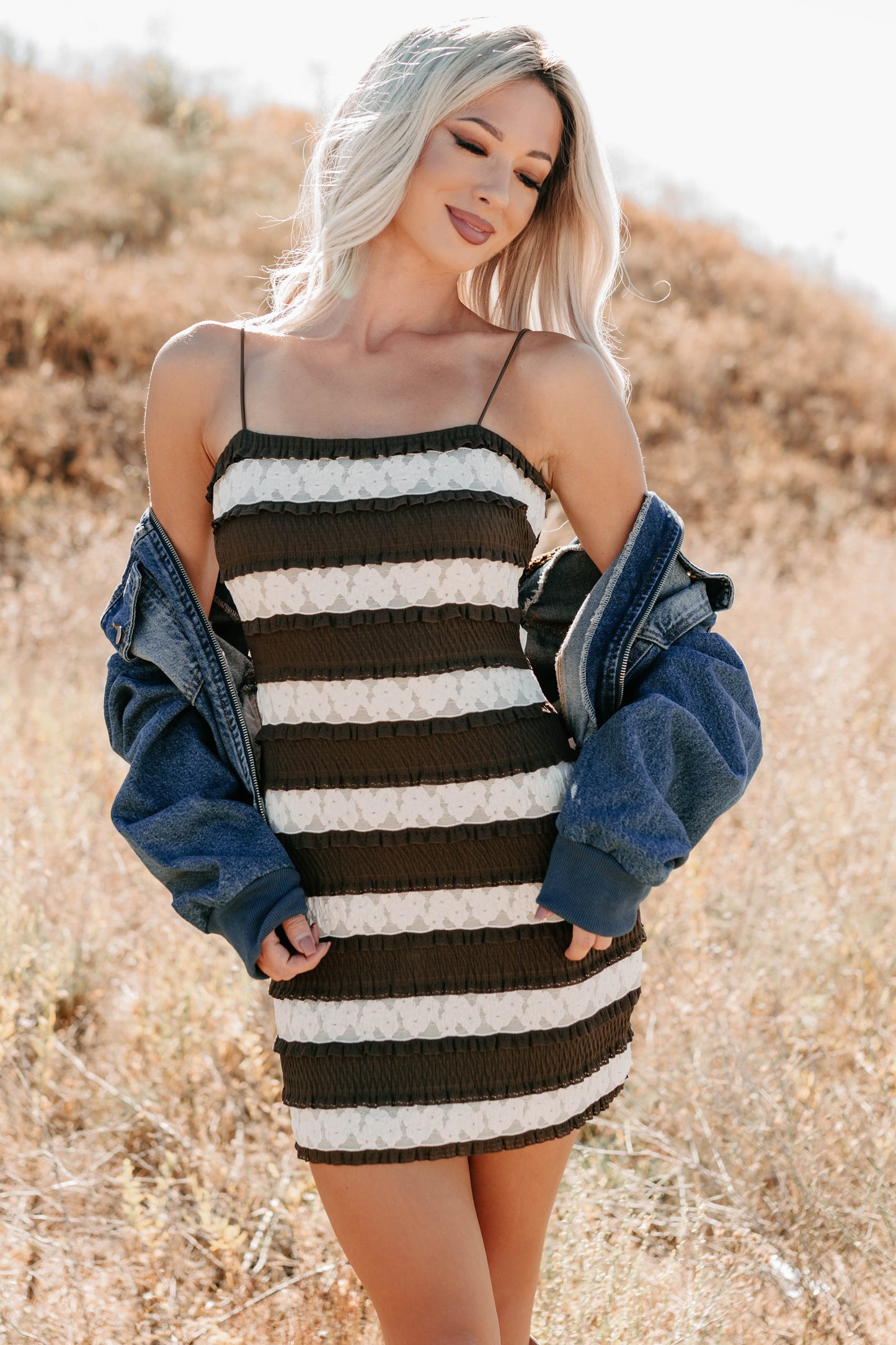 Later Babes Striped Lace Mini Dress (Brown)