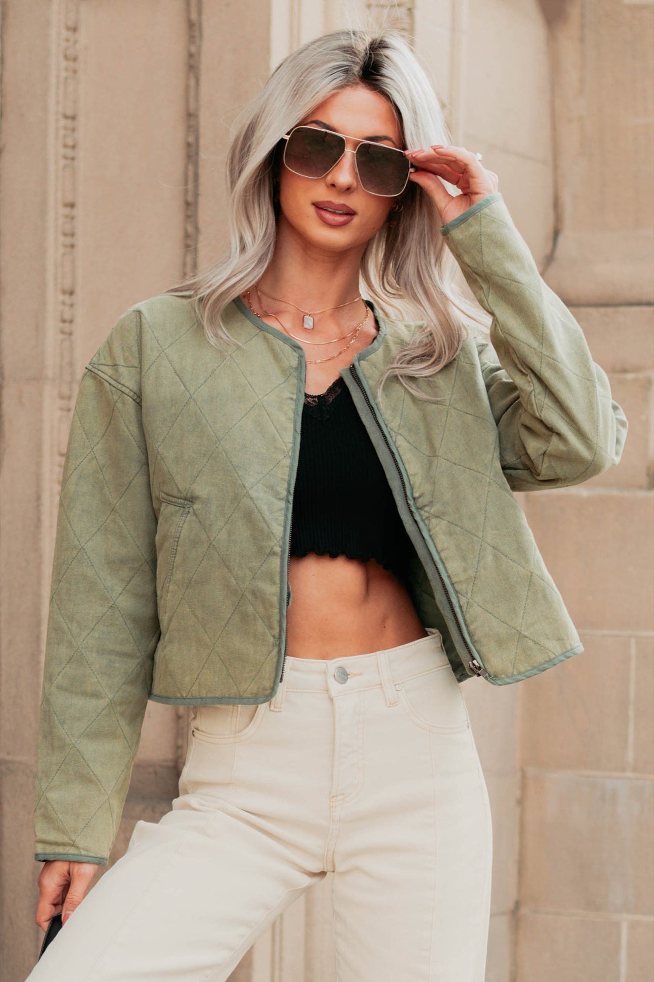 Natural Essence Quilted Zip-Up Jacket (Vintage Olive)