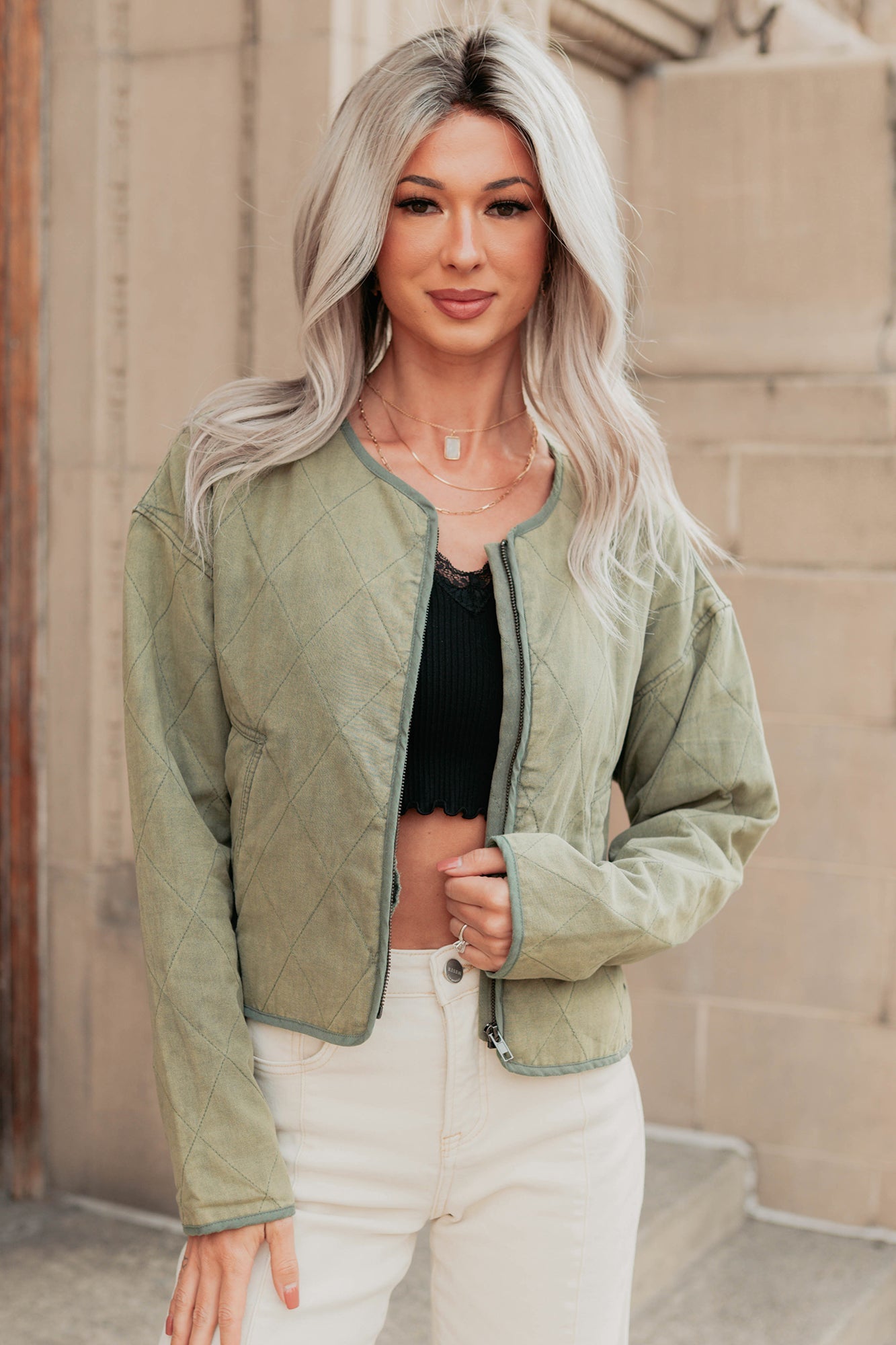 Natural Essence Quilted Zip-Up Jacket (Vintage Olive)