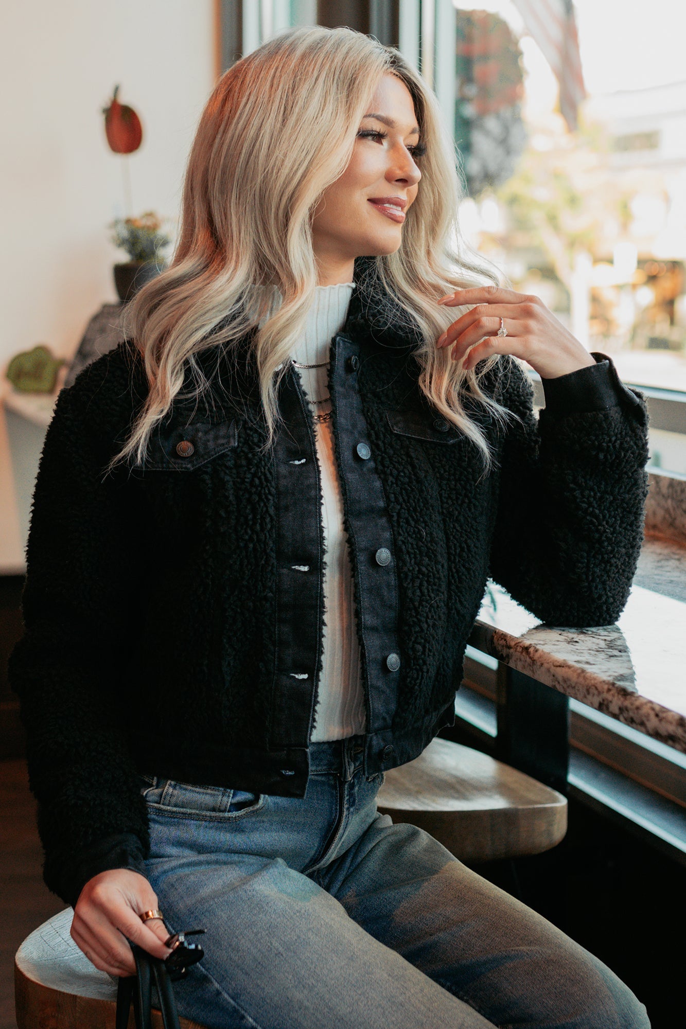 No Worries Here Sherpa Crop Kancan Jacket (Black)