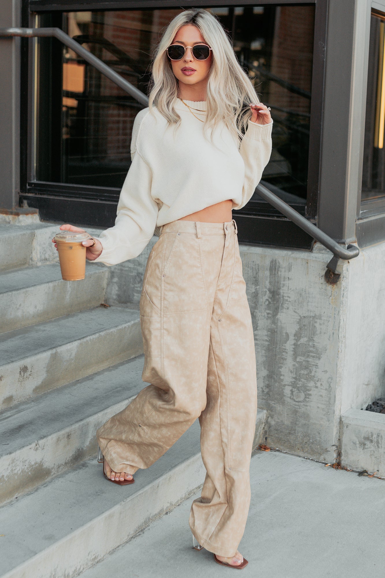 Vincent Faux Leather FORE Carpenter Pants (Beige)