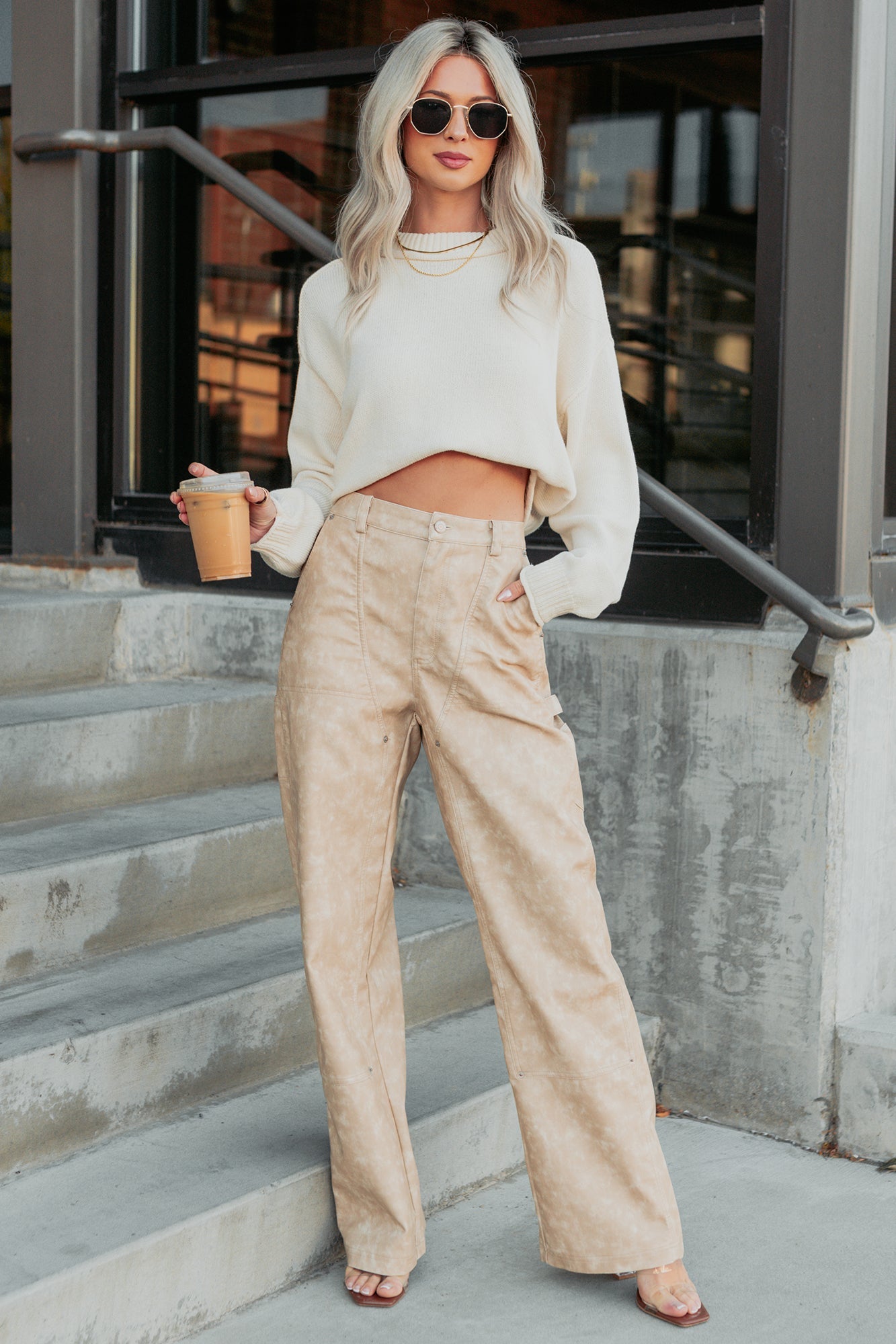 Vincent Faux Leather FORE Carpenter Pants (Beige)