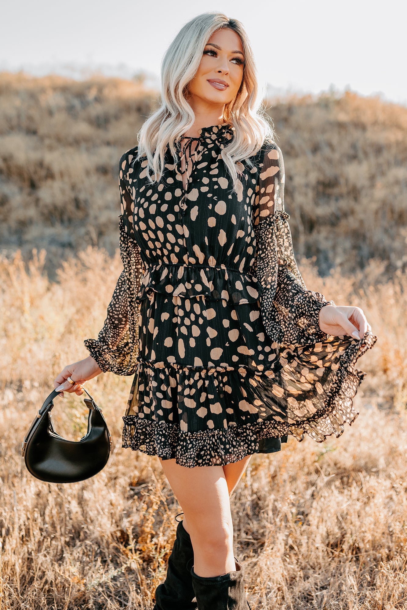 Good As Gold Chiffon Ruffle Mini Dress (Black Print)