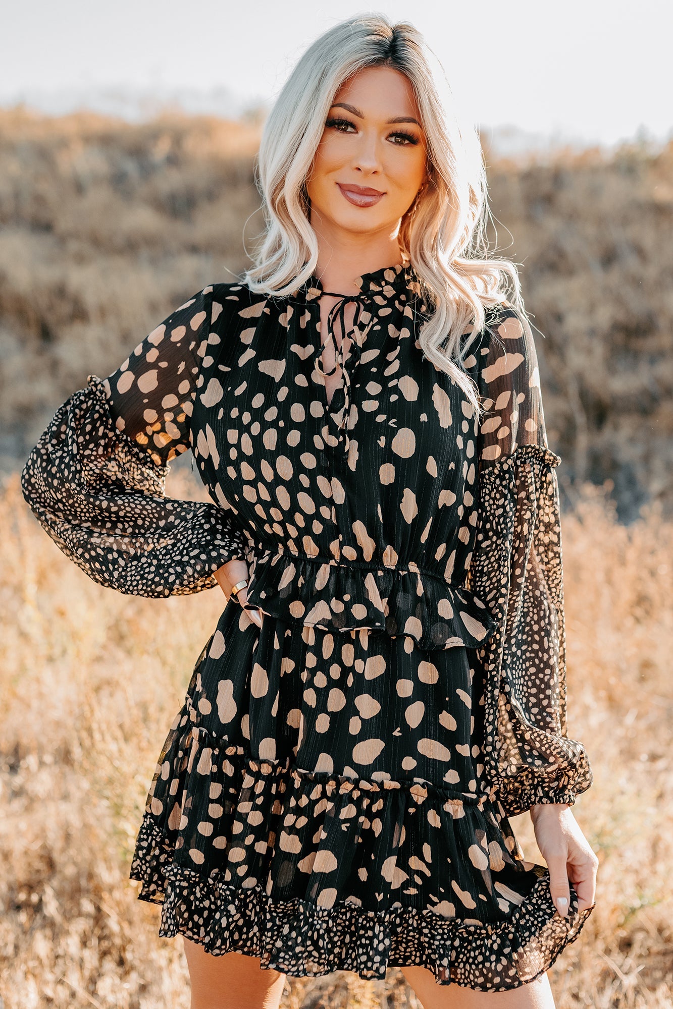 Good As Gold Chiffon Ruffle Mini Dress (Black Print)