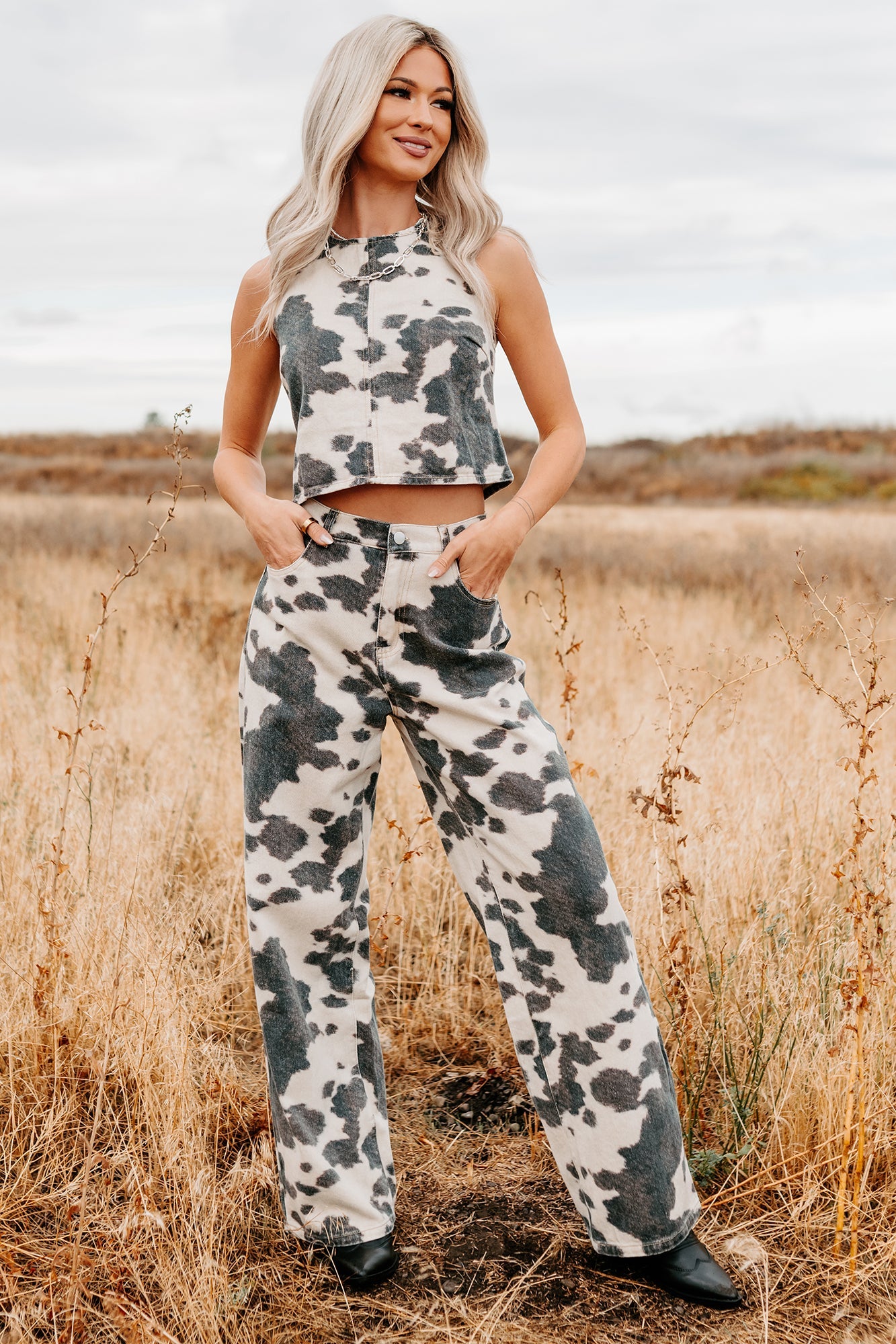 Blushin' Boots Sleeveless Denim Cow Print Top (Brown)