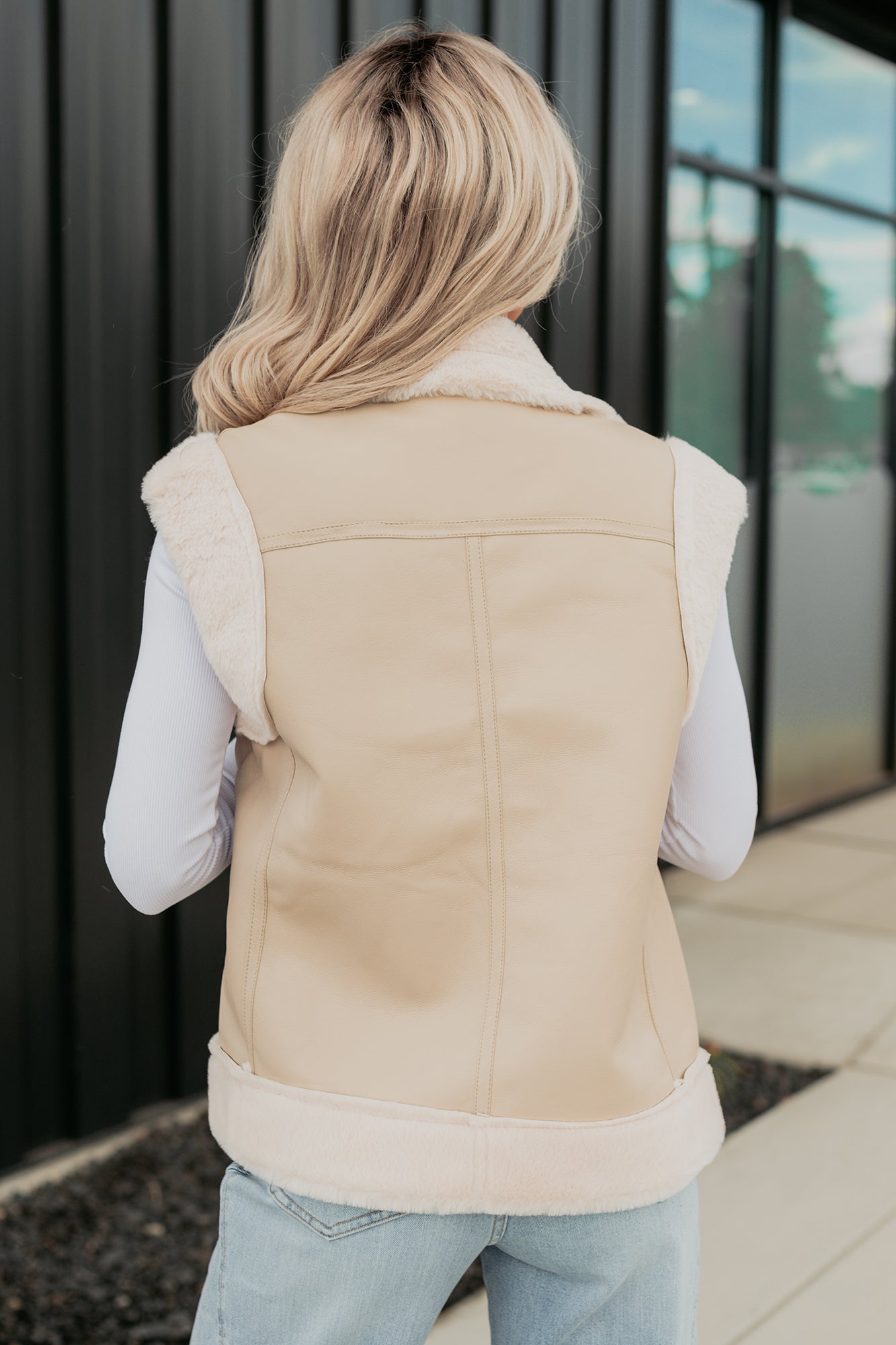 Cabin State Faux Leather Fur Lined Vest (Cream/Taupe)