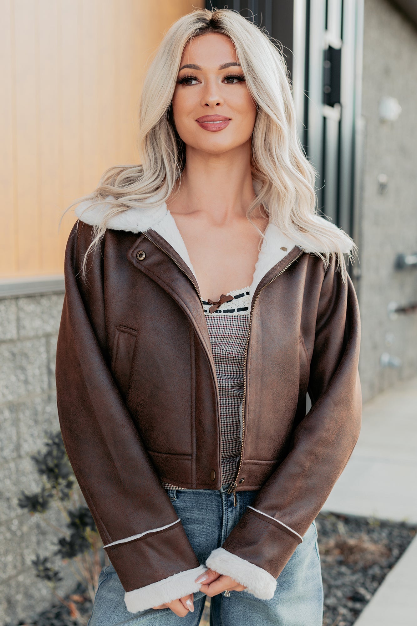 After Dark Faux Suede Fur Lined Jacket (Brown)