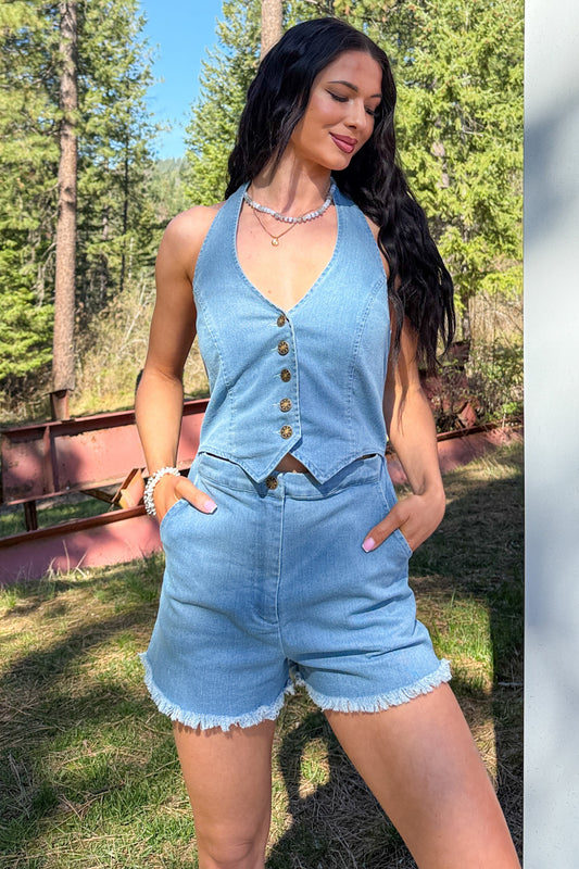 Born And Raised Denim Halter Vest Romper (Denim)