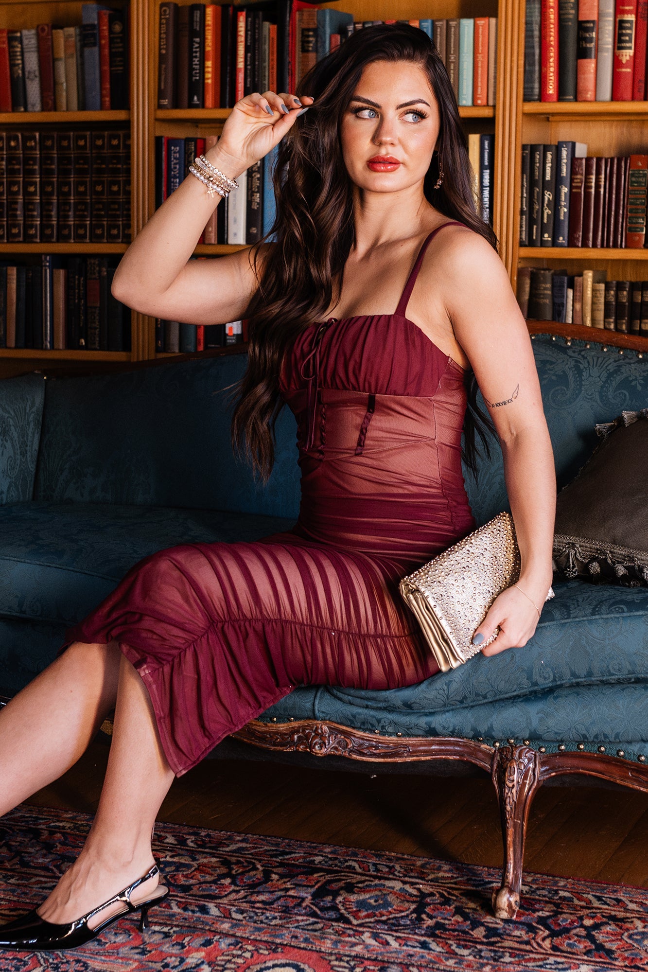 Woman Of Mystery Ruched Mesh Midi Dress (Maroon)