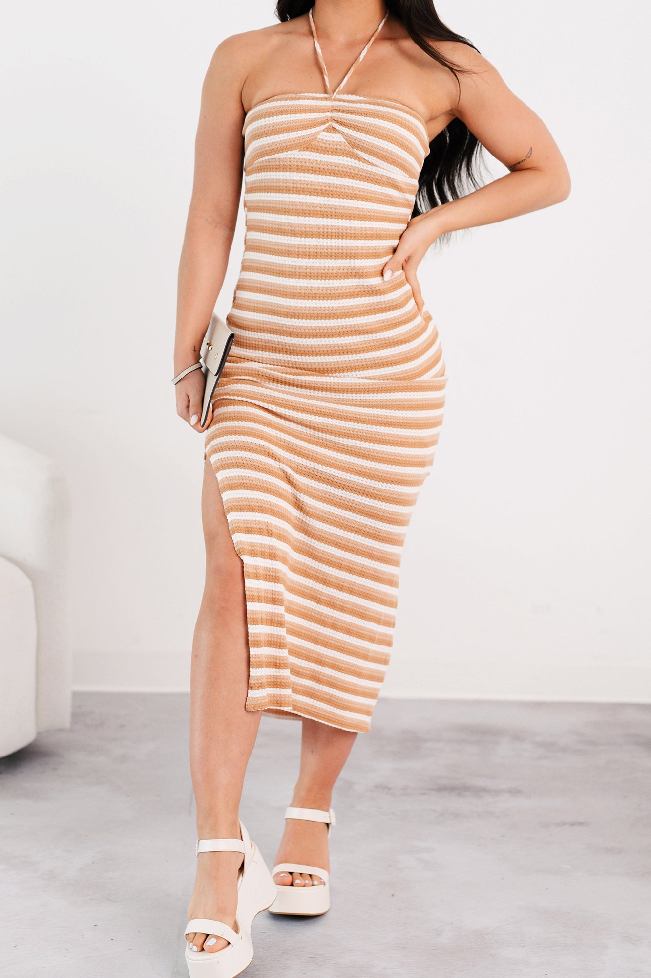 Low-Key Chill Striped Bodycon Maxi Dress (Taupe/White)