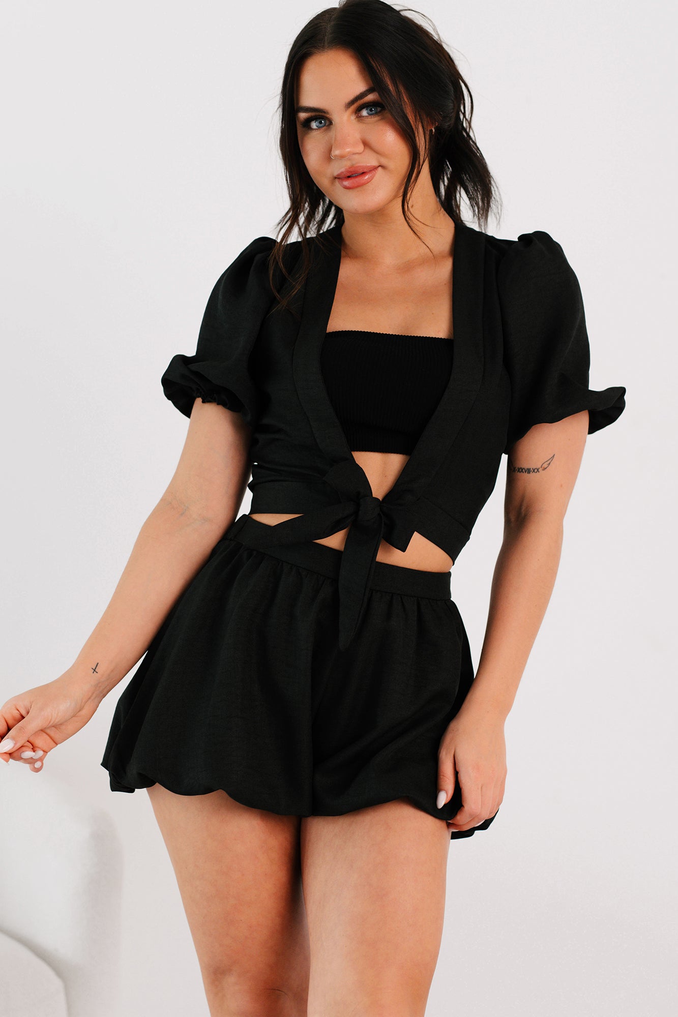 Blush & Whisper Tie Top & Bubble Shorts Set (Black)