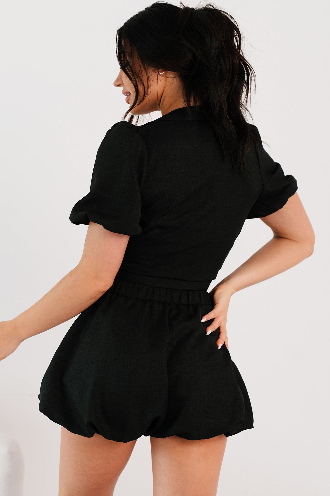 Blush & Whisper Tie Top & Bubble Shorts Set (Black)