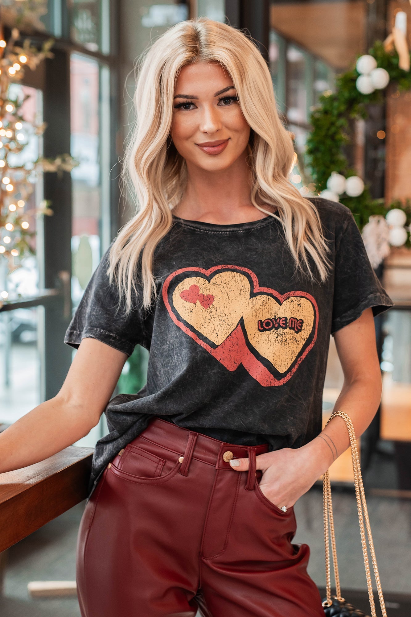 "Love Me" Mineral Wash Graphic Top (Charcoal)