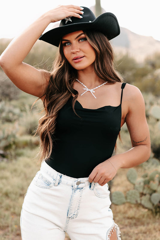 Cool & Controlled Cowl Neck Tank Bodysuit (Black)