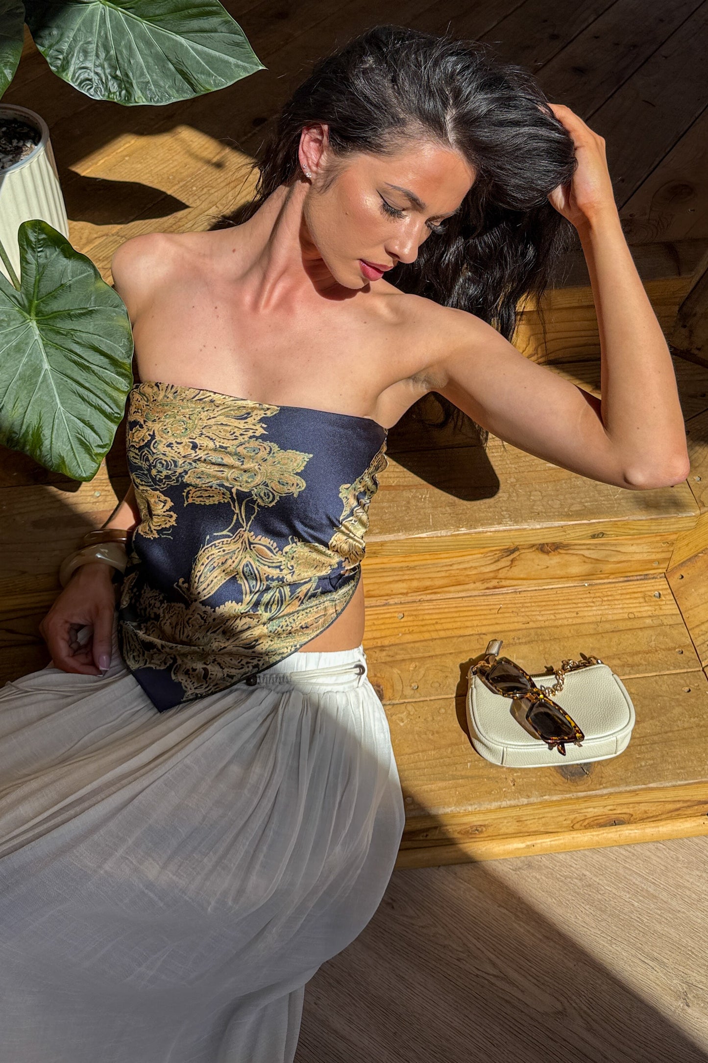 Hideaway Honey Paisley Satin Bandana Strapless Top (Navy)