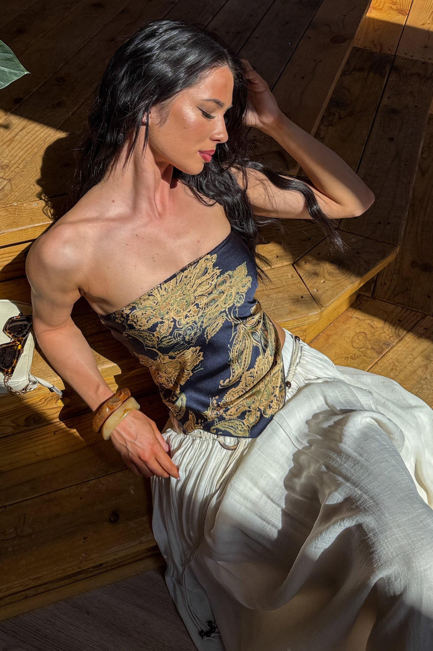 Hideaway Honey Paisley Satin Bandana Strapless Top (Navy)