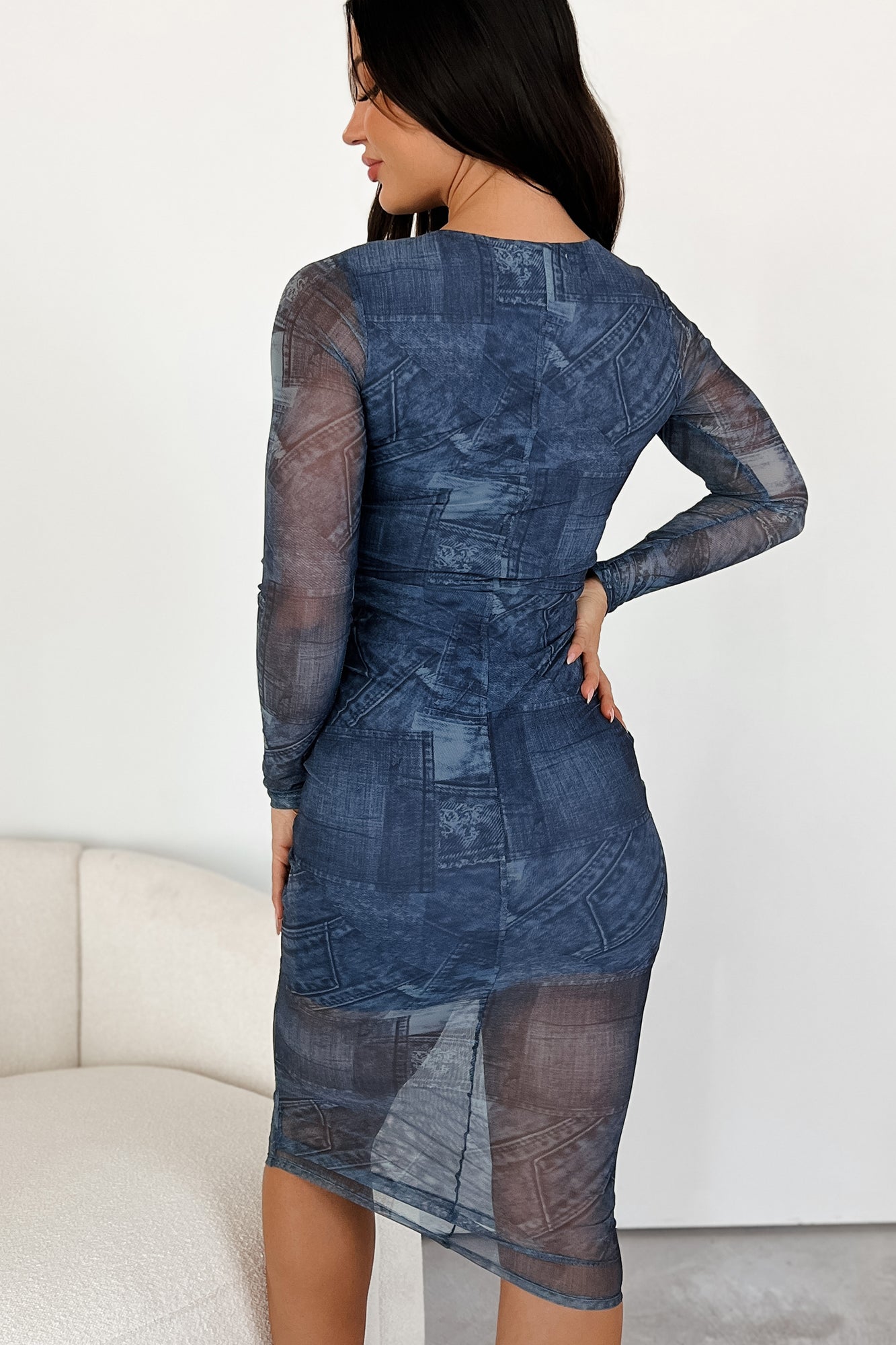Downtown Attitude Denim Print Mesh Dress (Dark Blue)