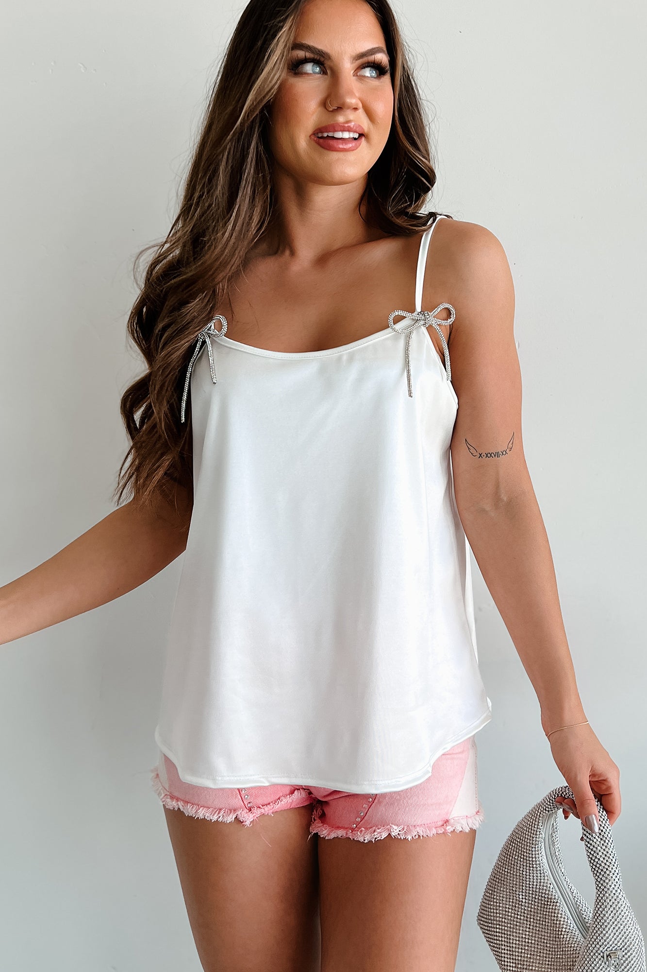 Add A Little Bling Satin Rhinestone Bow Tank Top (Ivory)