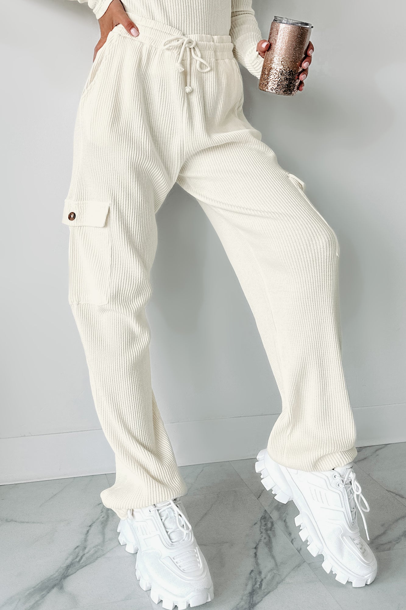 Leave Me Alone Cargo Waffle Knit Pants (Cream)