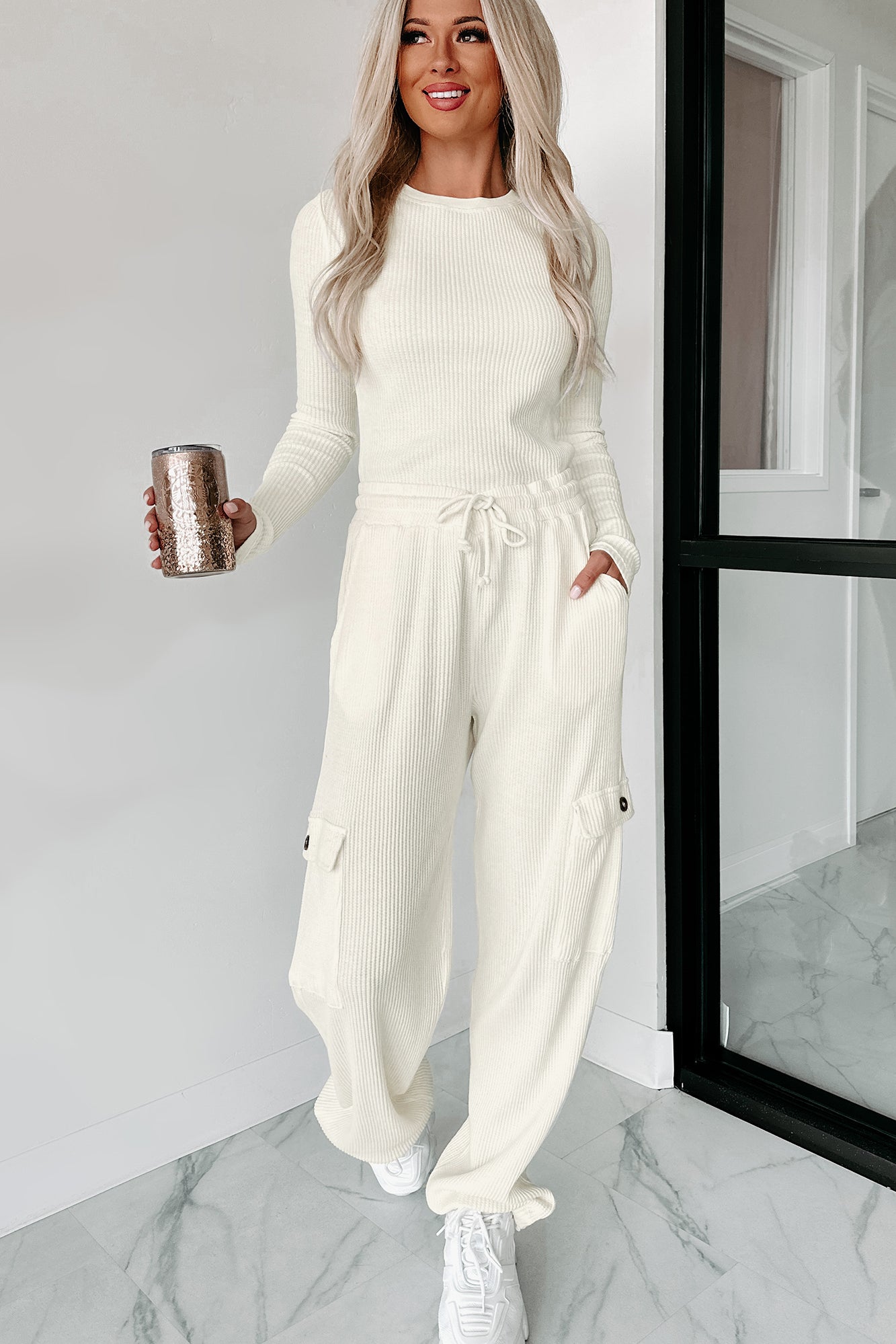 Leave Me Alone Cargo Waffle Knit Pants (Cream)