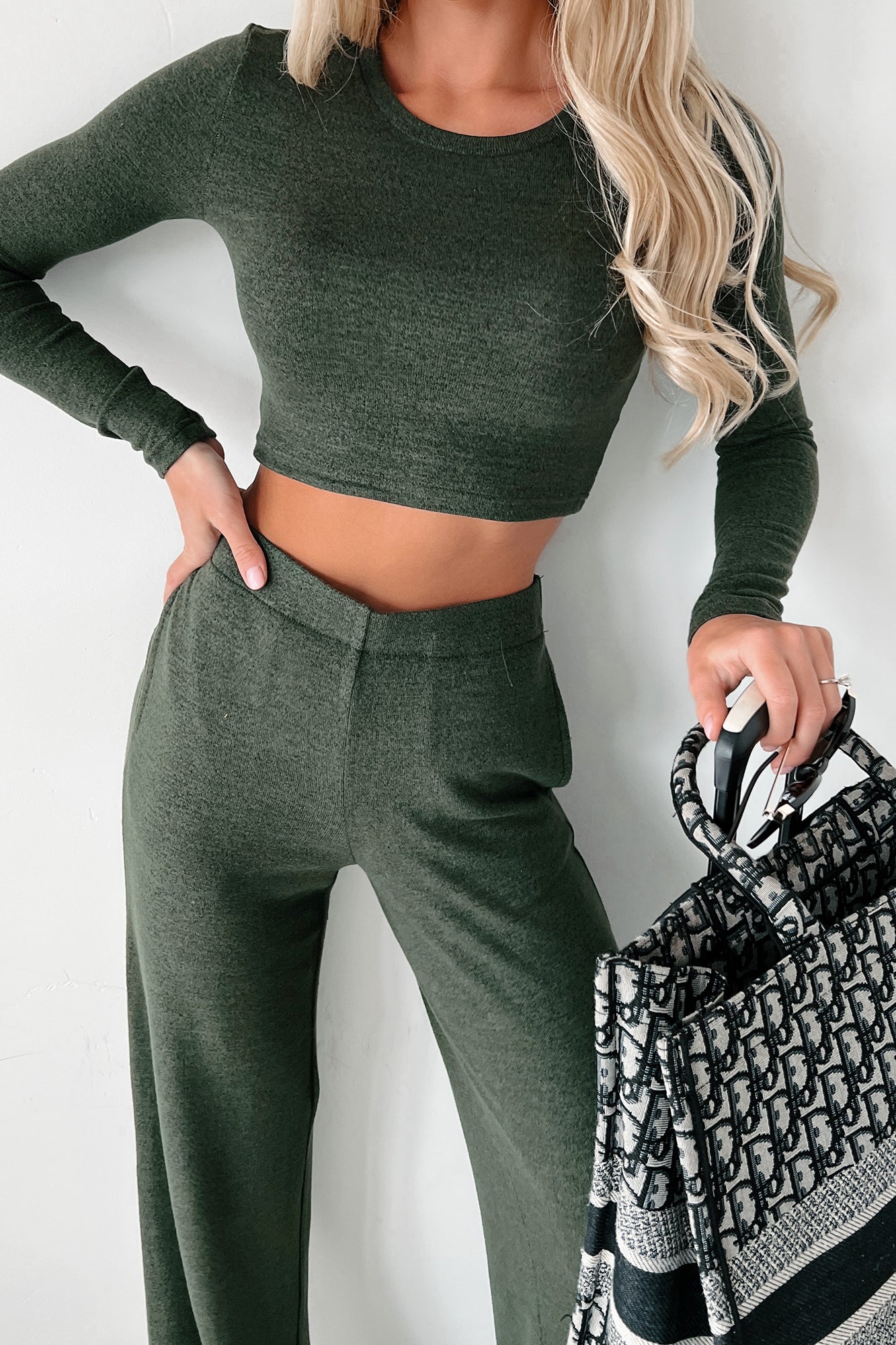 Asa Heathered Knit Crop Top & Pants Set (Olive)