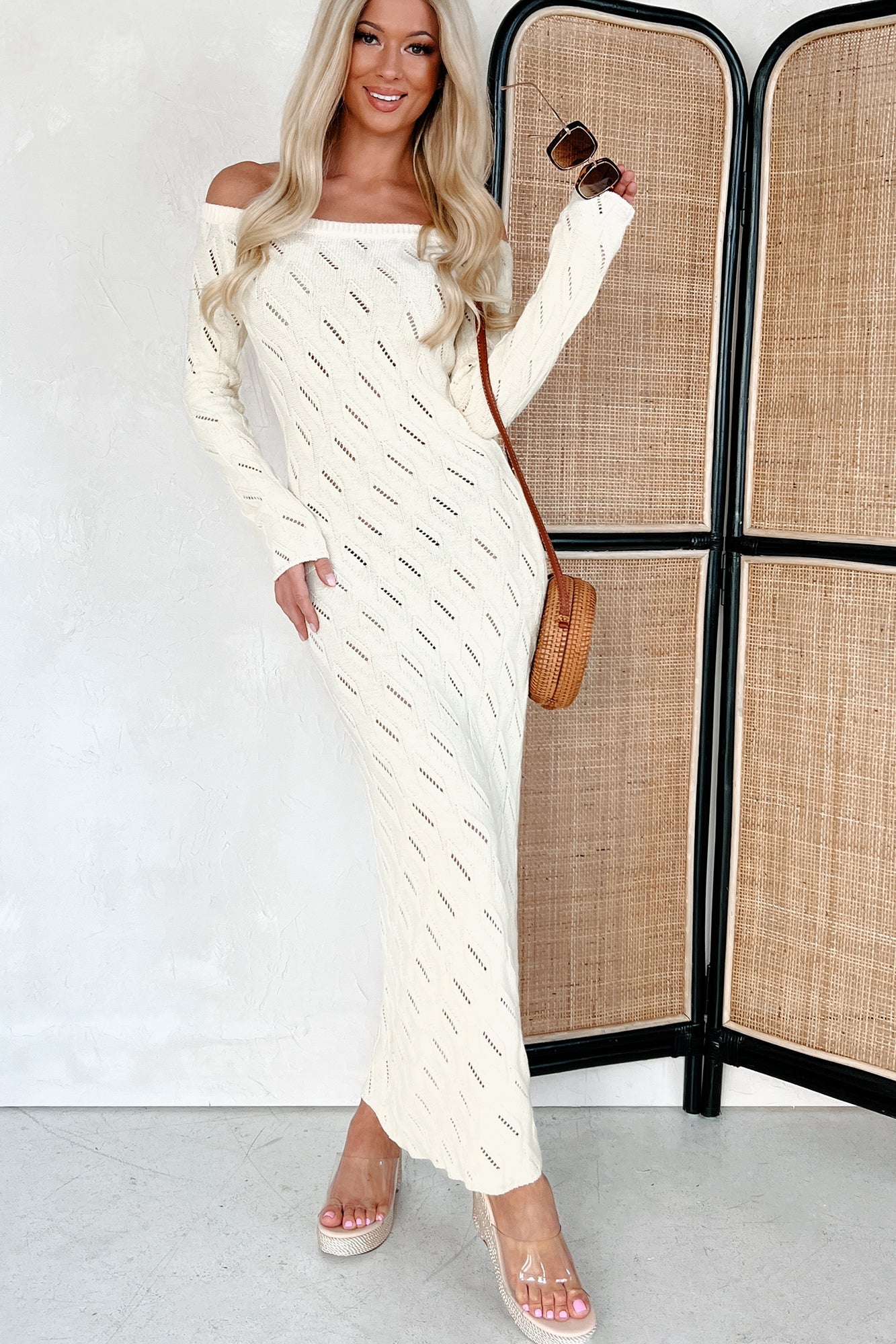 Successfully Stylish Off The Shoulder Sweater Maxi Dress (Cream)