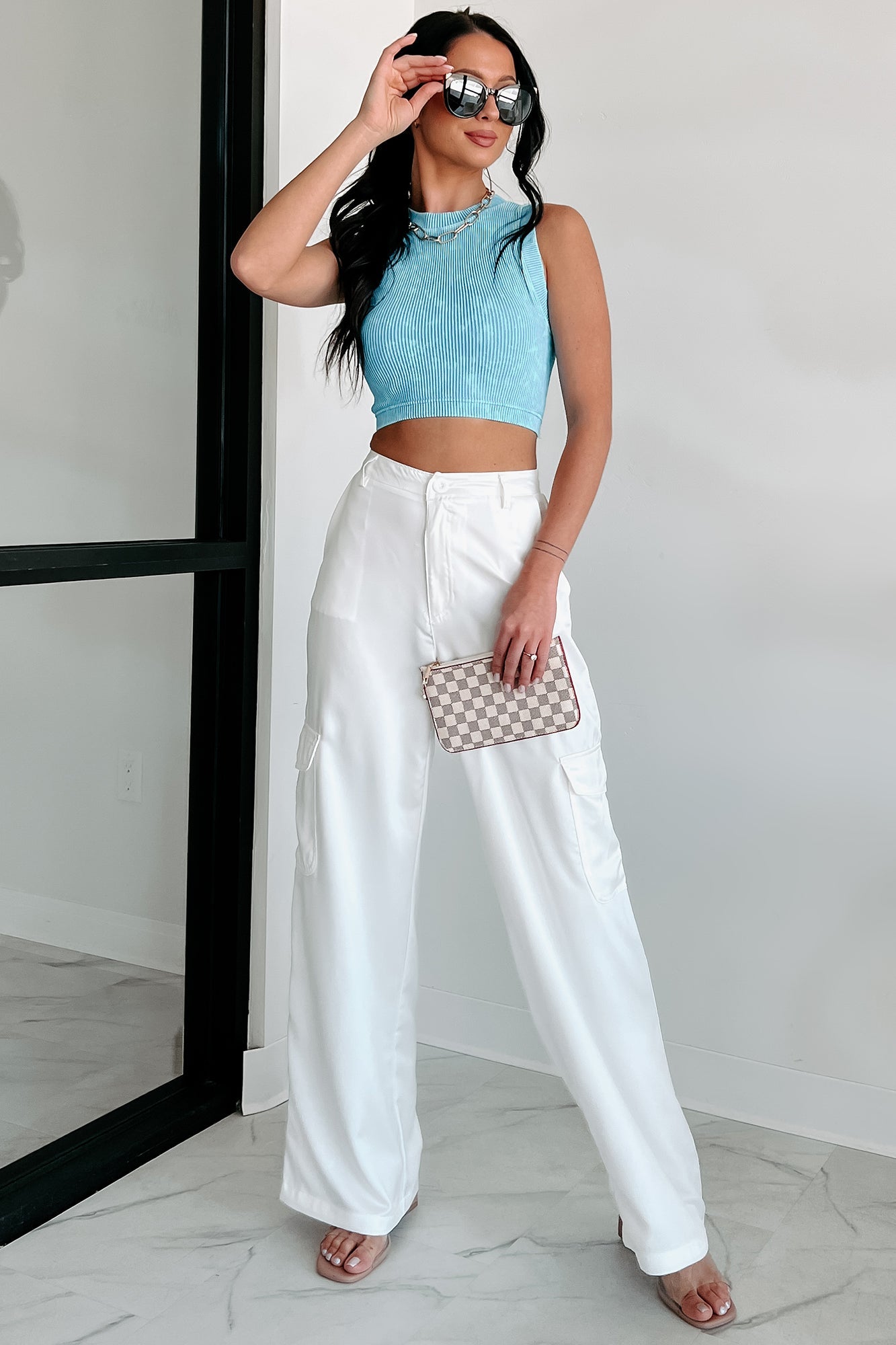Clearing The Air Wide Leg Satin Cargo Pants (Off White)
