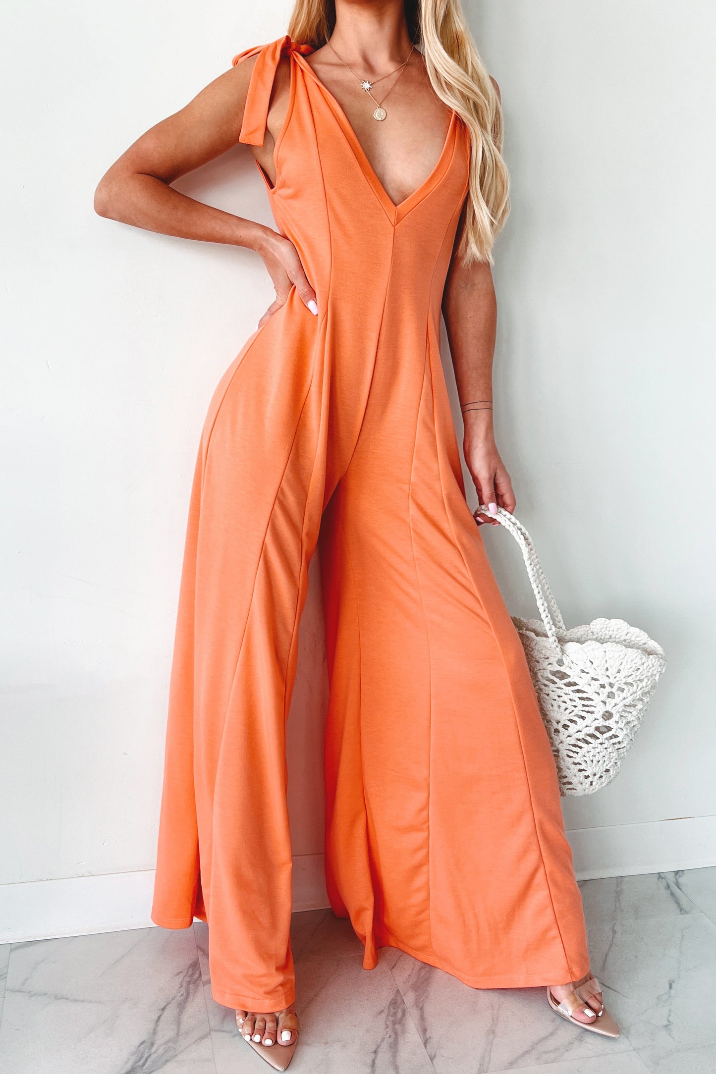 Iconic Comfort Shoulder Tie Wide Leg Jumpsuit (Light Peach)