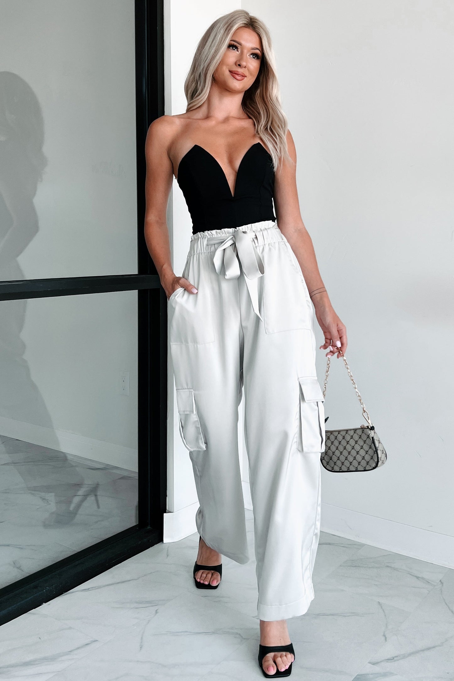 DOORBUSTER Happy Hour Hangs Satin Cargo Pants (Light Grey)