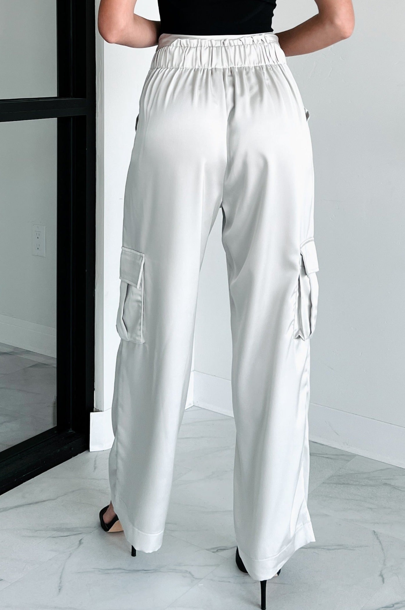 DOORBUSTER Happy Hour Hangs Satin Cargo Pants (Light Grey)