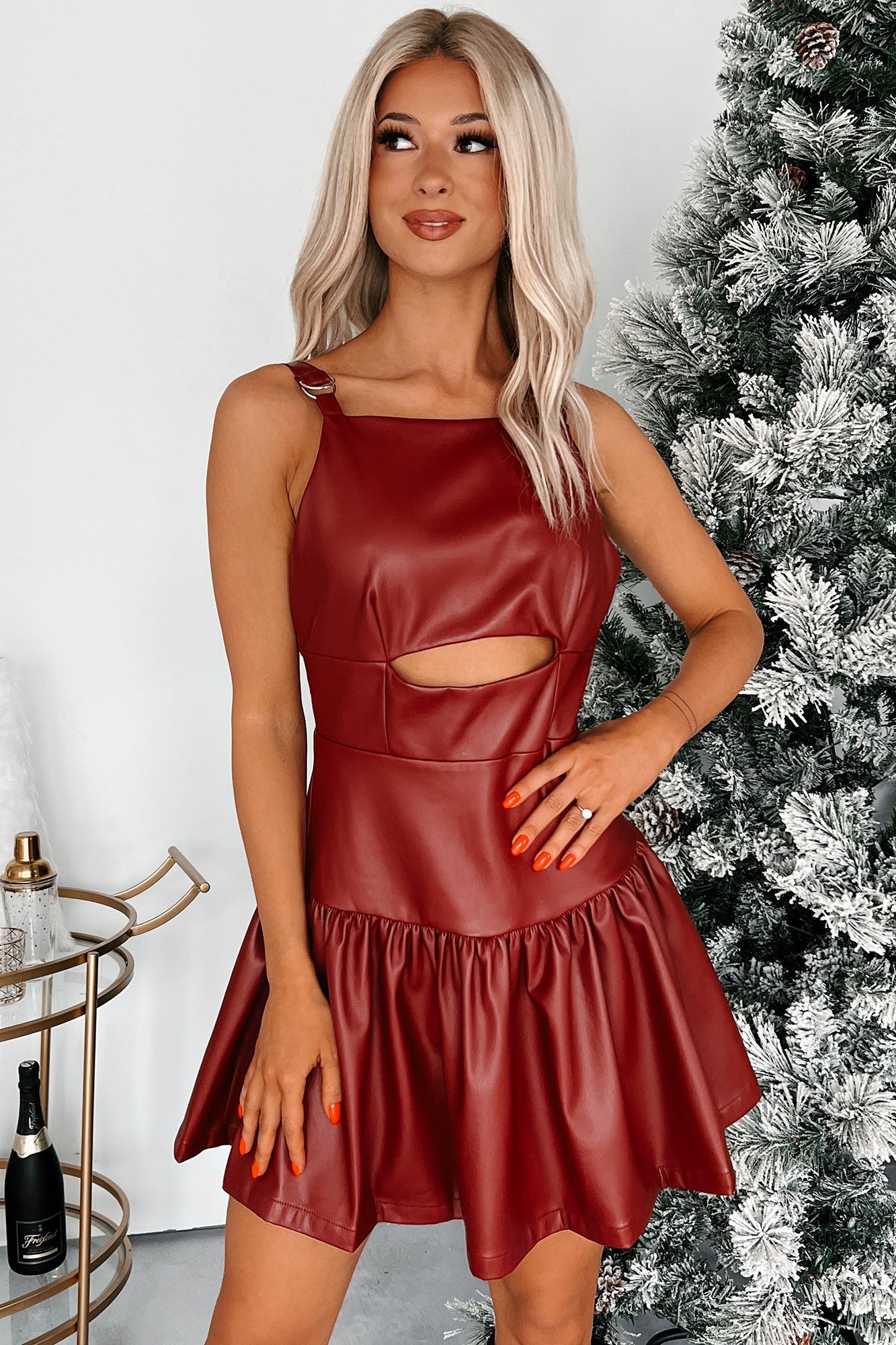 Never The Problem Faux Leather Cut-Out Dress (Burgundy)