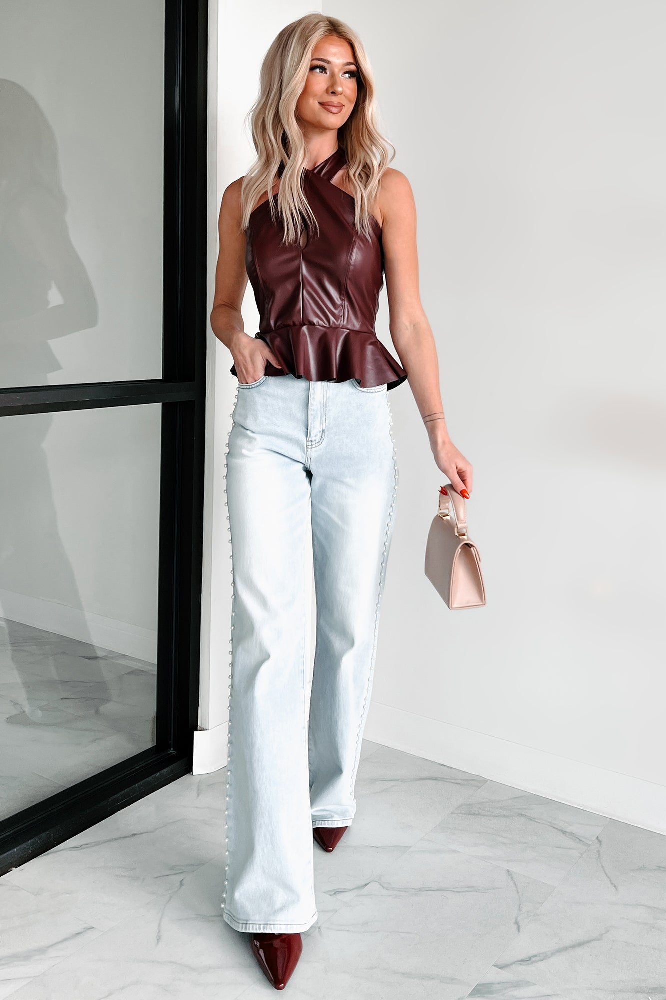 Dangerous Temptation Faux Leather Halter Top (Burgundy)