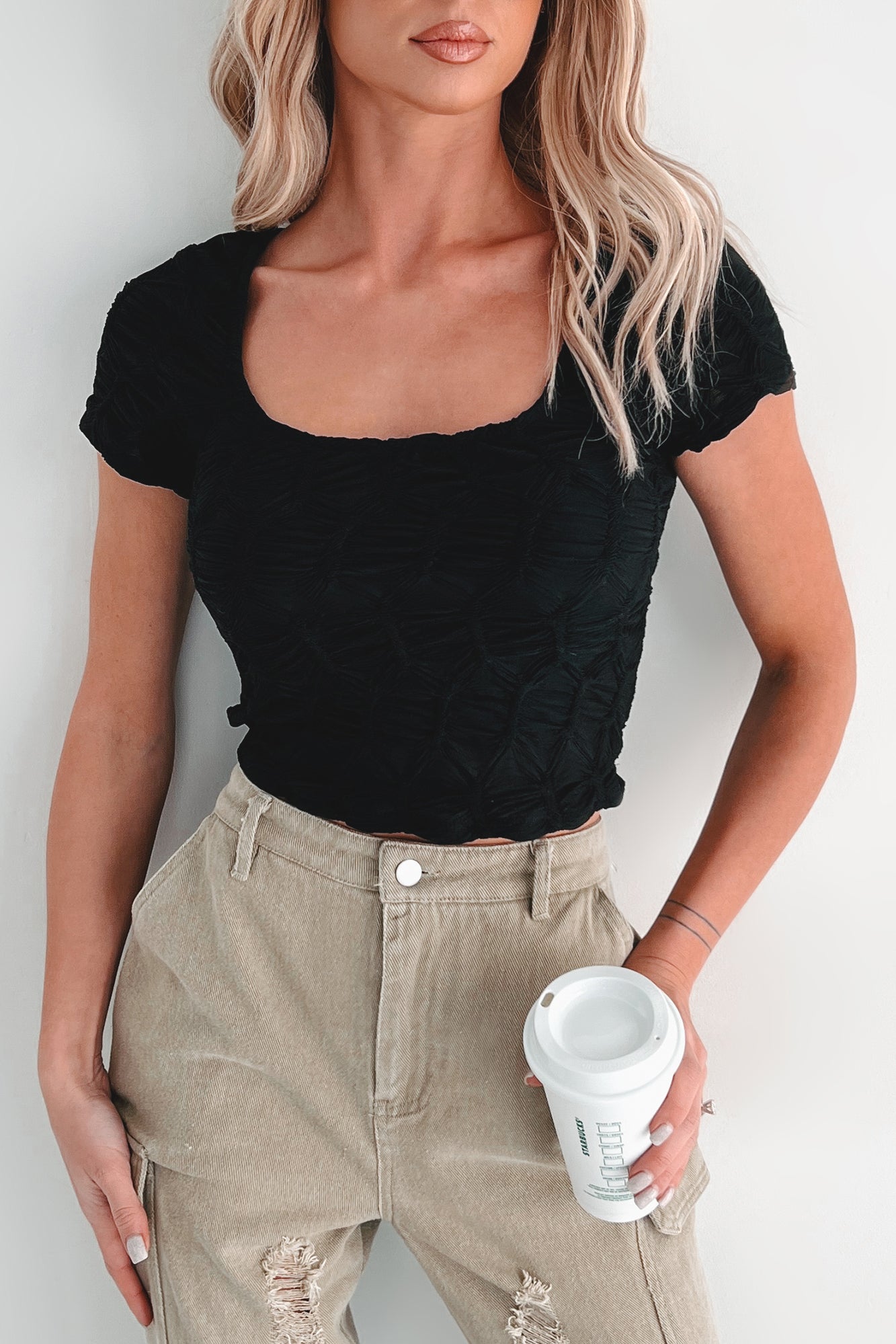 A Little Birdie Told Me Textured Square Neck Top (Black)