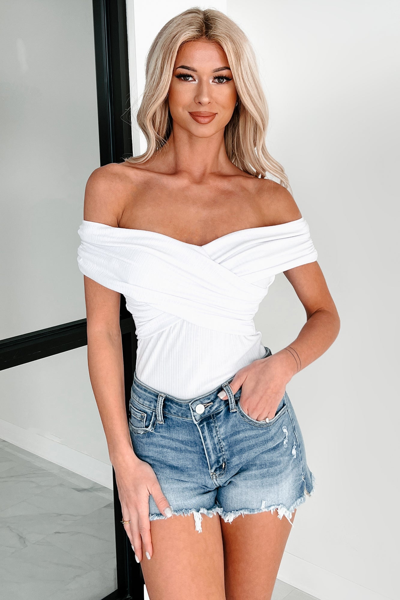 Had Me At Hello Off The Shoulder Ribbed Cross-Over Bodysuit (White)