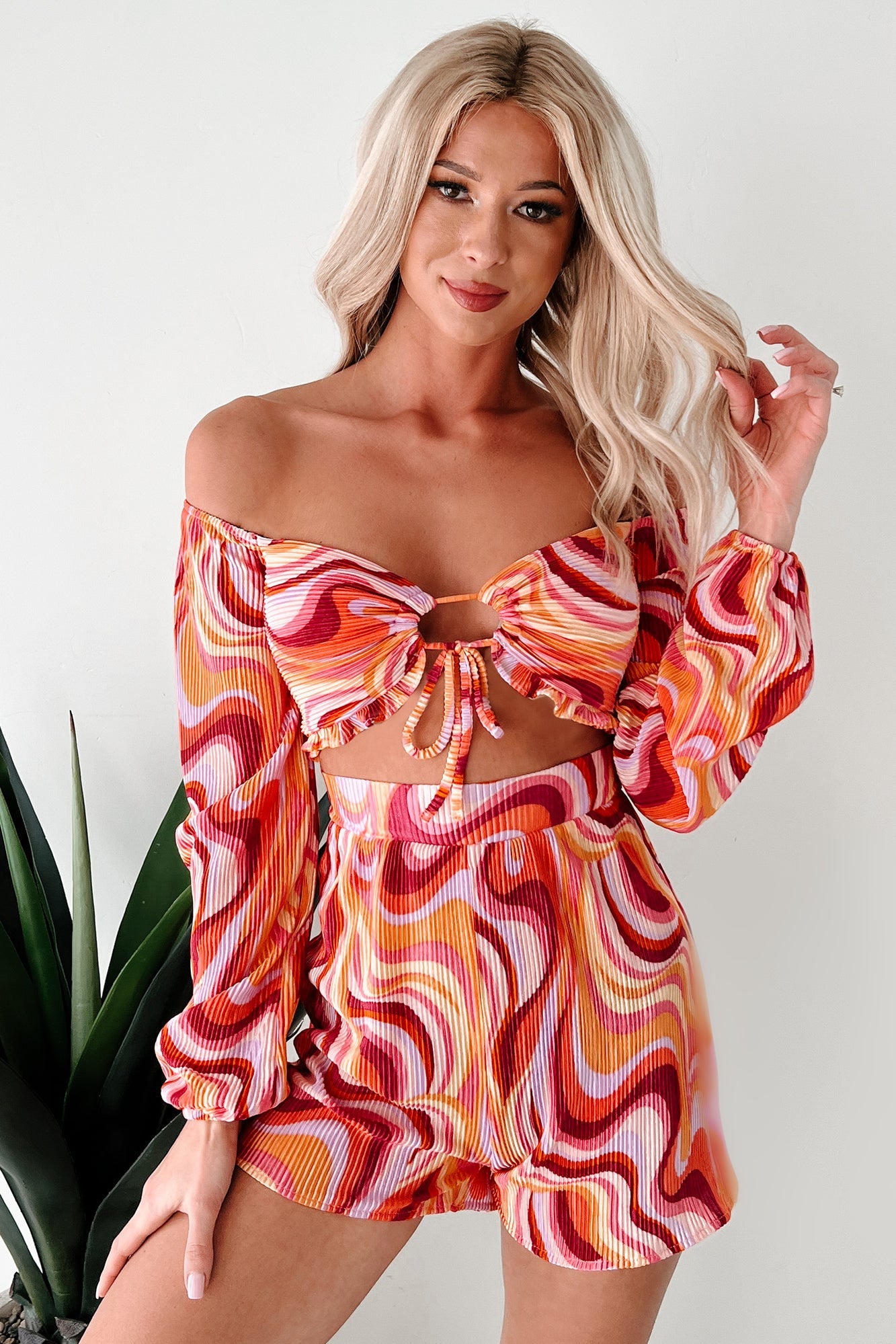 Dance The Night Away Pleated Long Sleeve Romper (Pink/Multi)