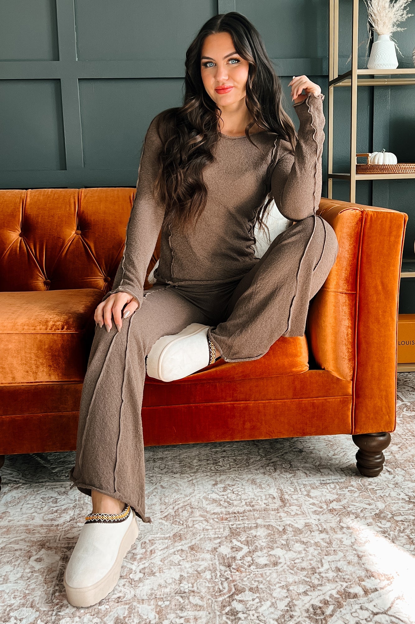 Talk Soon Lettuce Seam Long Sleeve Top (Espresso)