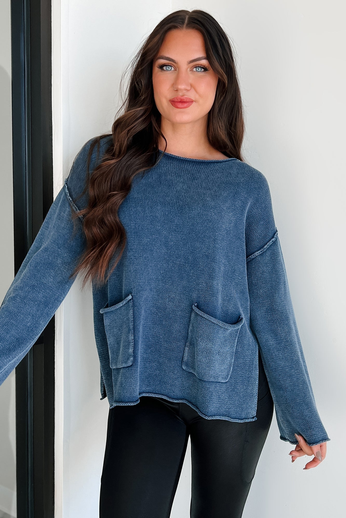 Humor Me Pocketed Sweater Top (Midnight Blue)