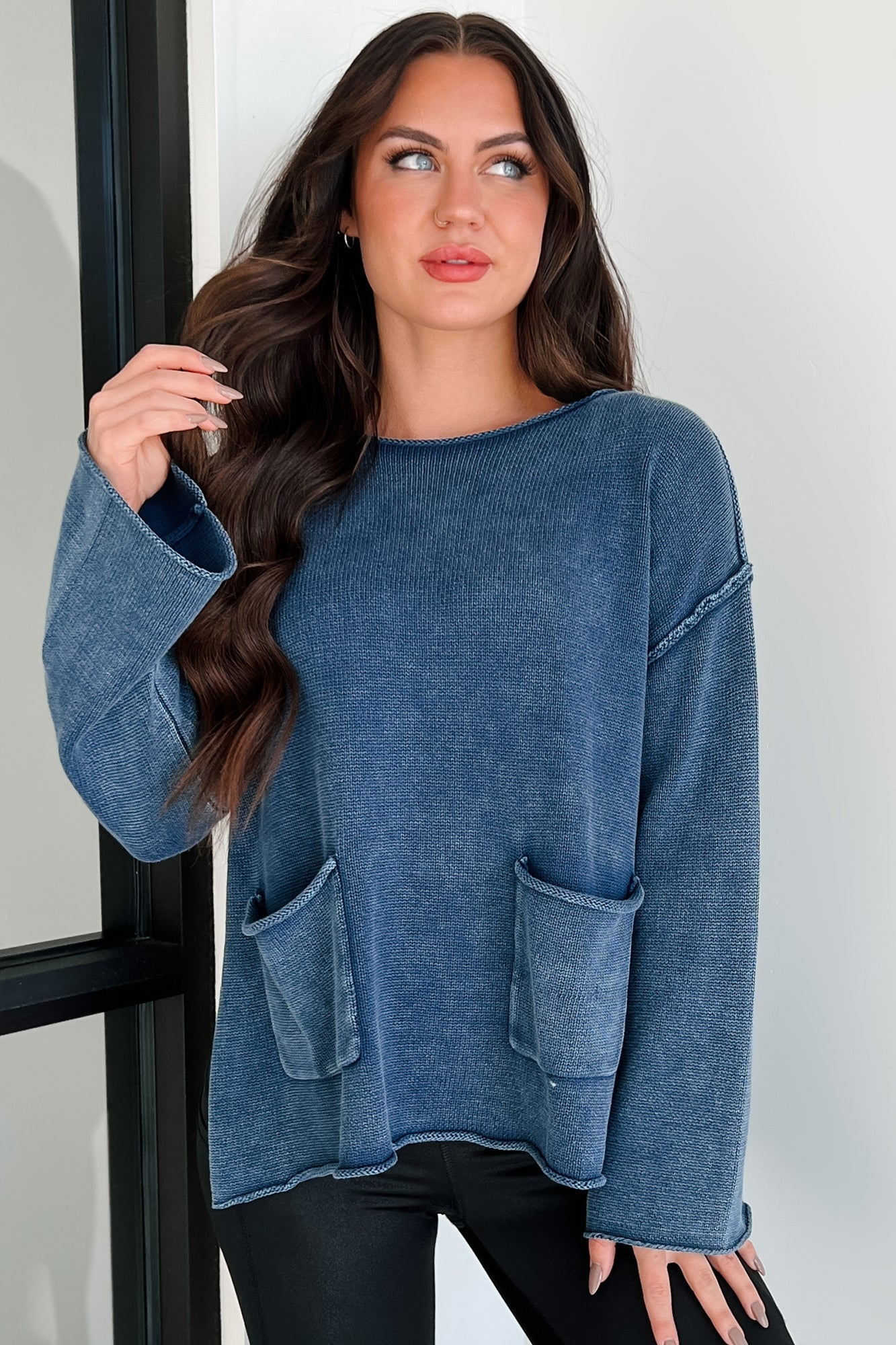 Humor Me Pocketed Sweater Top (Midnight Blue)