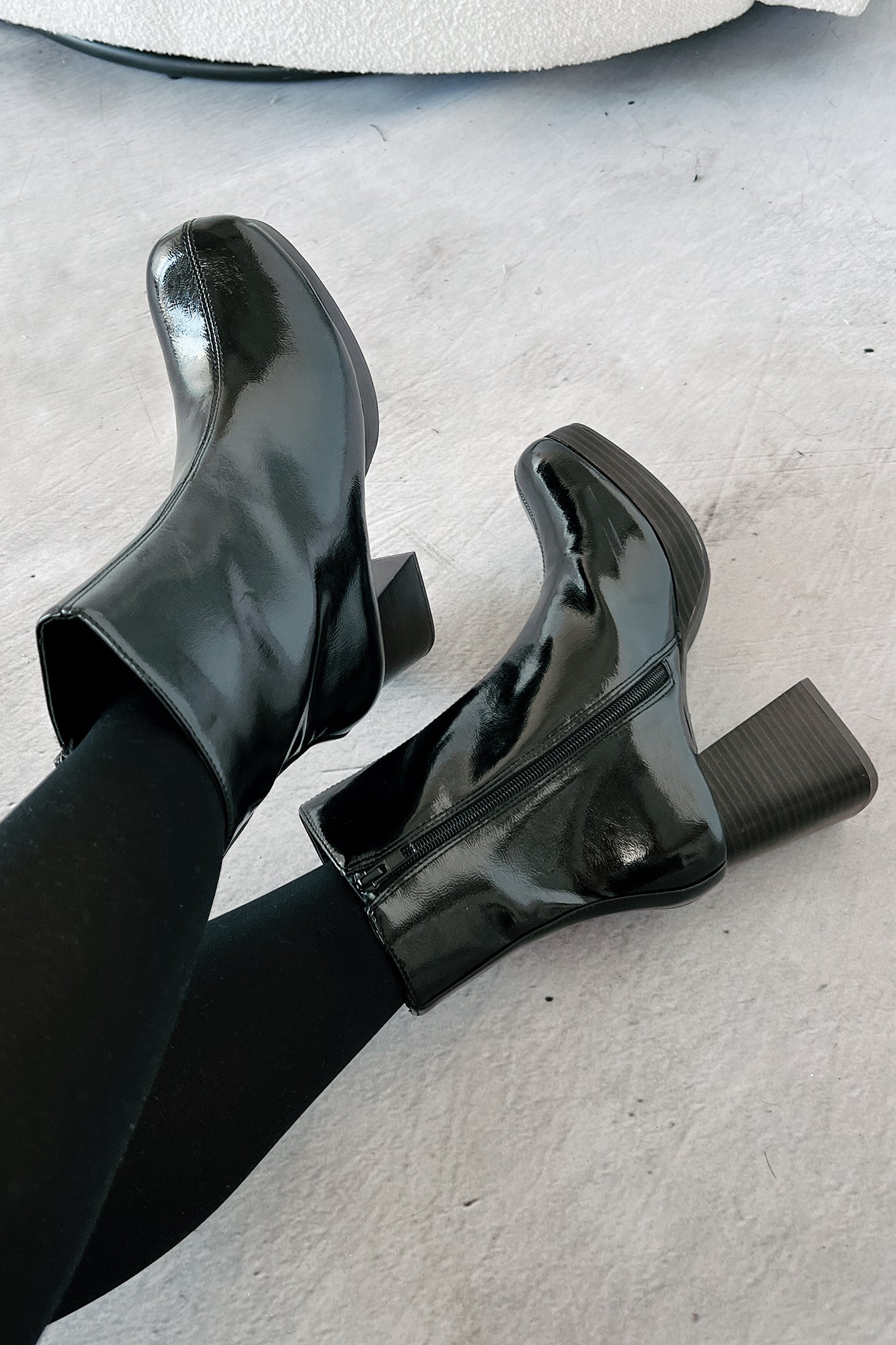 Keep On Grooving Patent Leather Platform Booties (Black/Dark Brown)