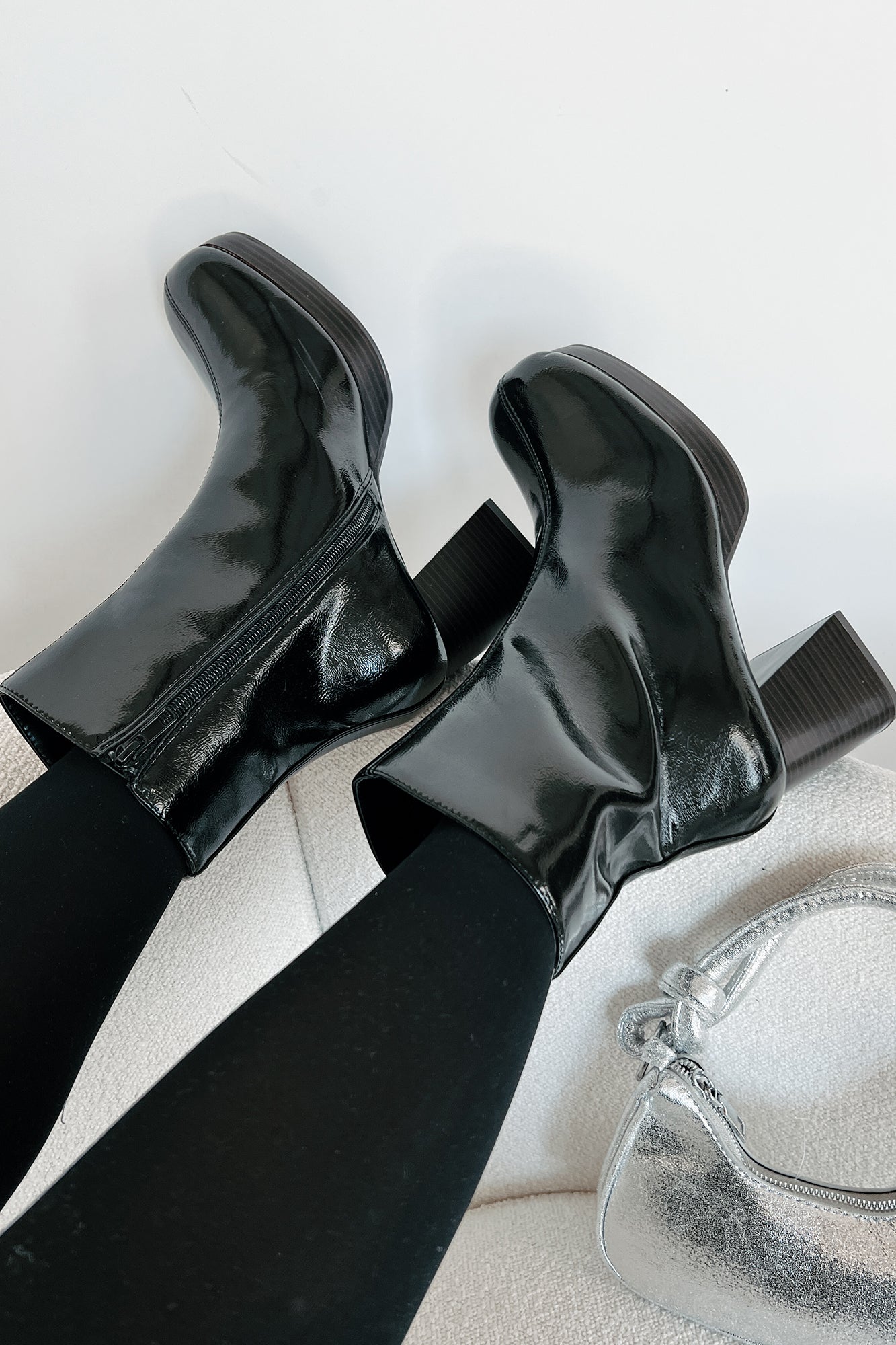 Keep On Grooving Patent Leather Platform Booties (Black/Dark Brown)