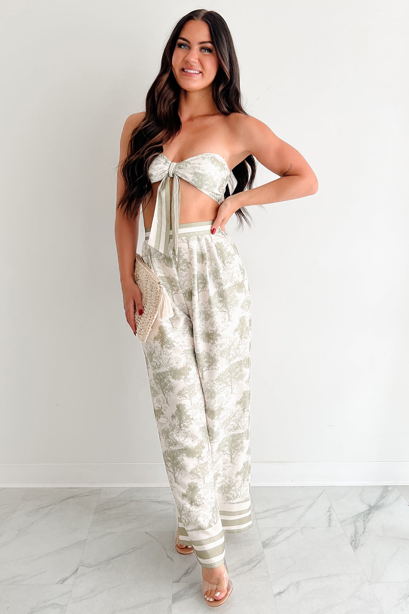 On Brand Printed Bandeau Top & Pants Set (Ivory/Sage)