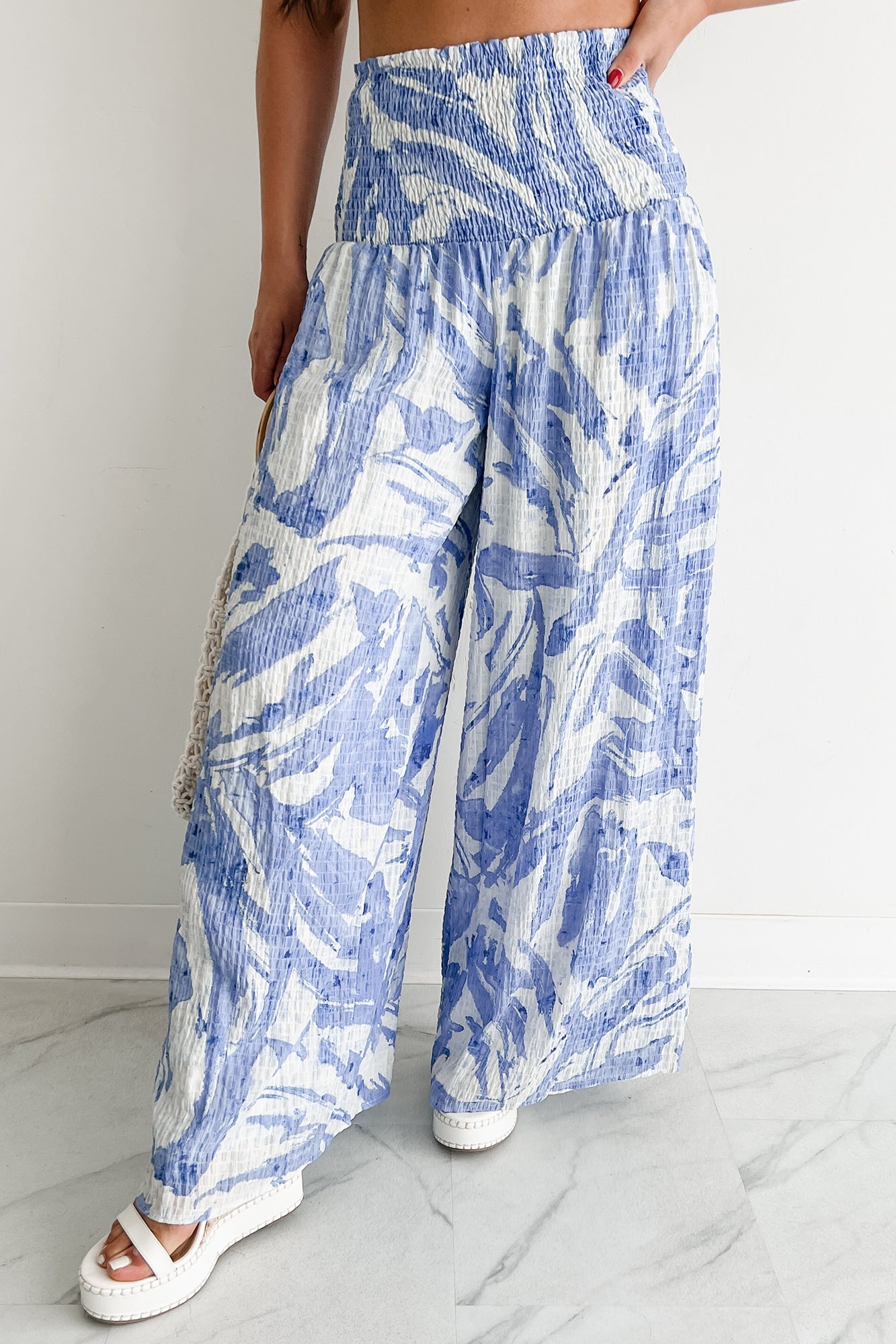 Iconic Option Printed Smocked Wide Leg Pants (Blue)