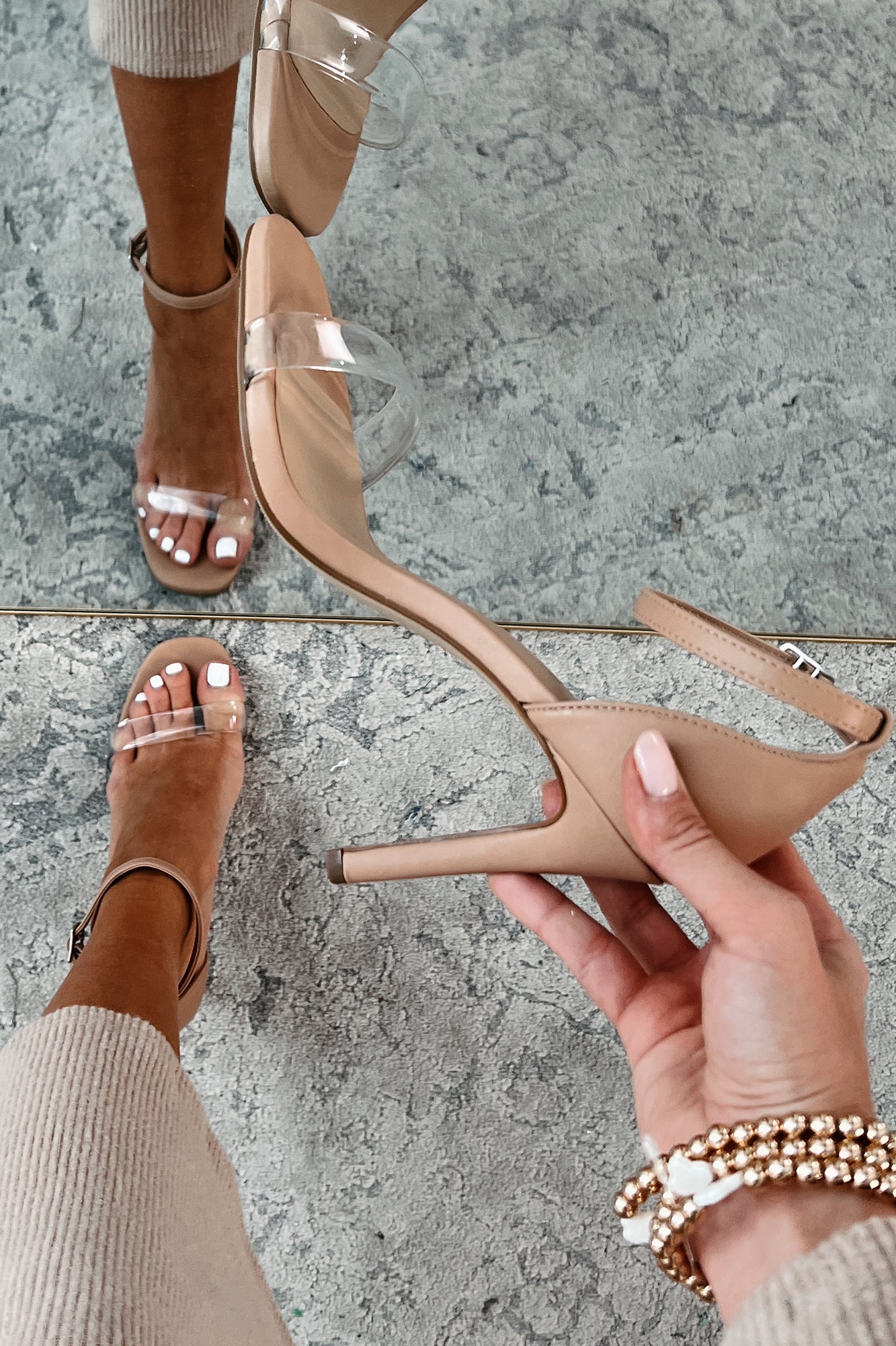 Never Underestimated Ankle Strap Heels (Clear/Sand)