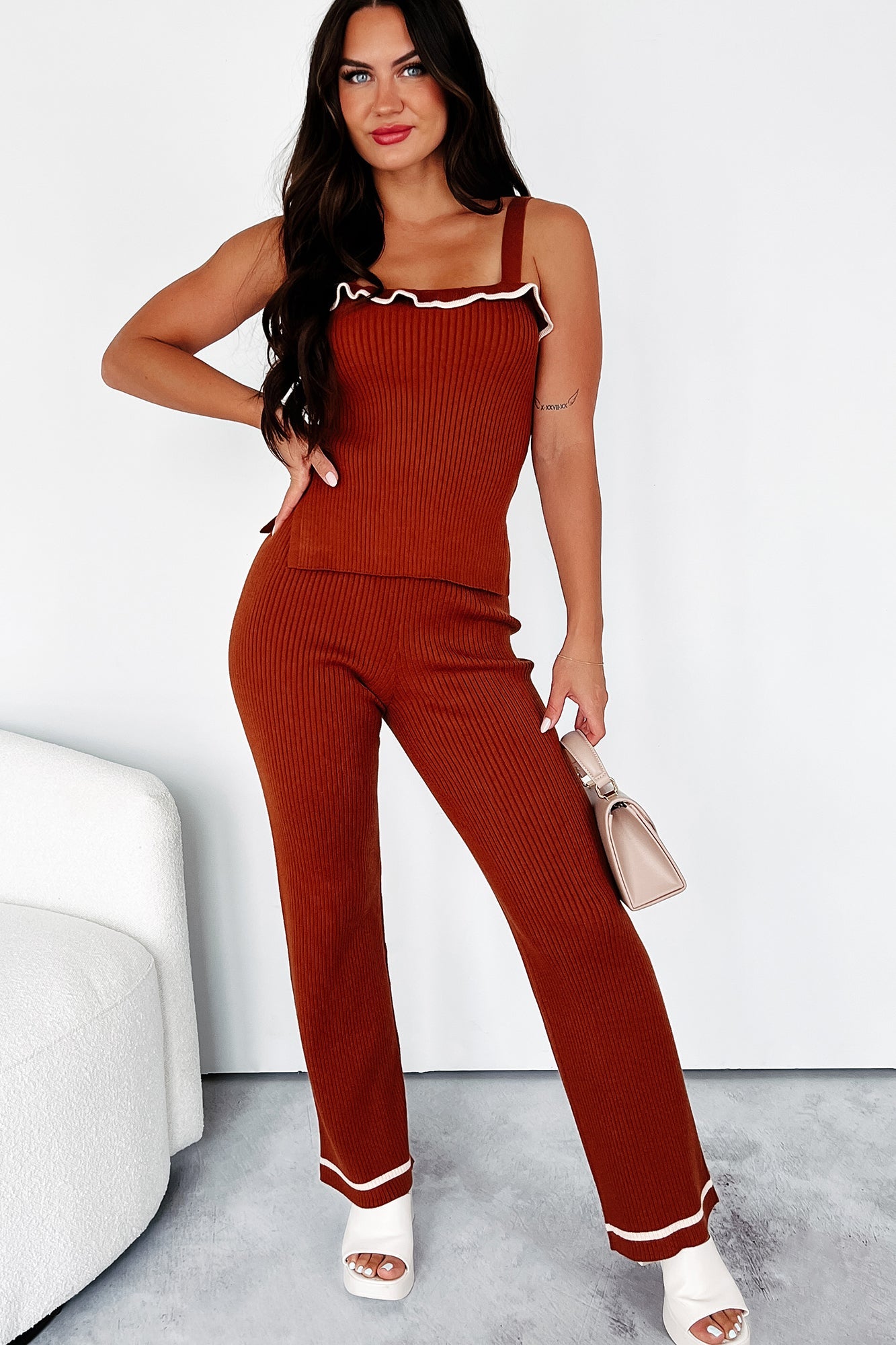 Crisp Leaves Ribbed Knit Straight Leg Pant (Rust)