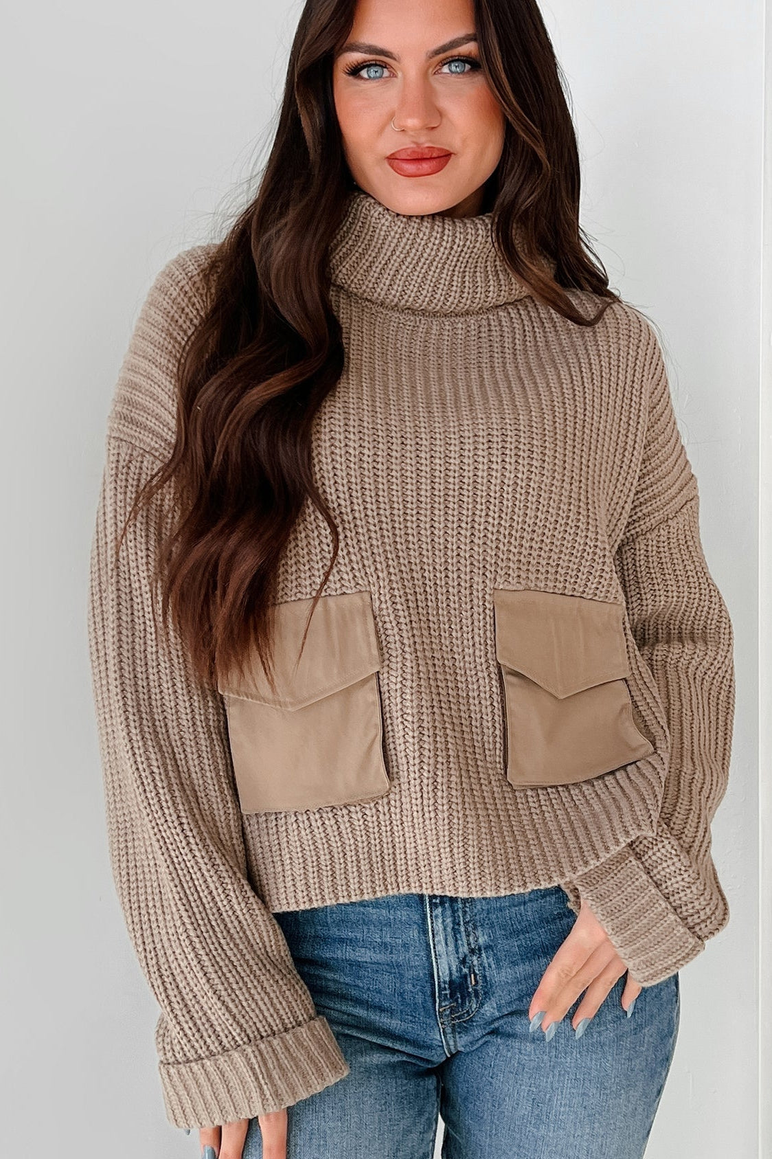 Tell Me Everything Cowl Neck Cargo Sweater (Taupe)
