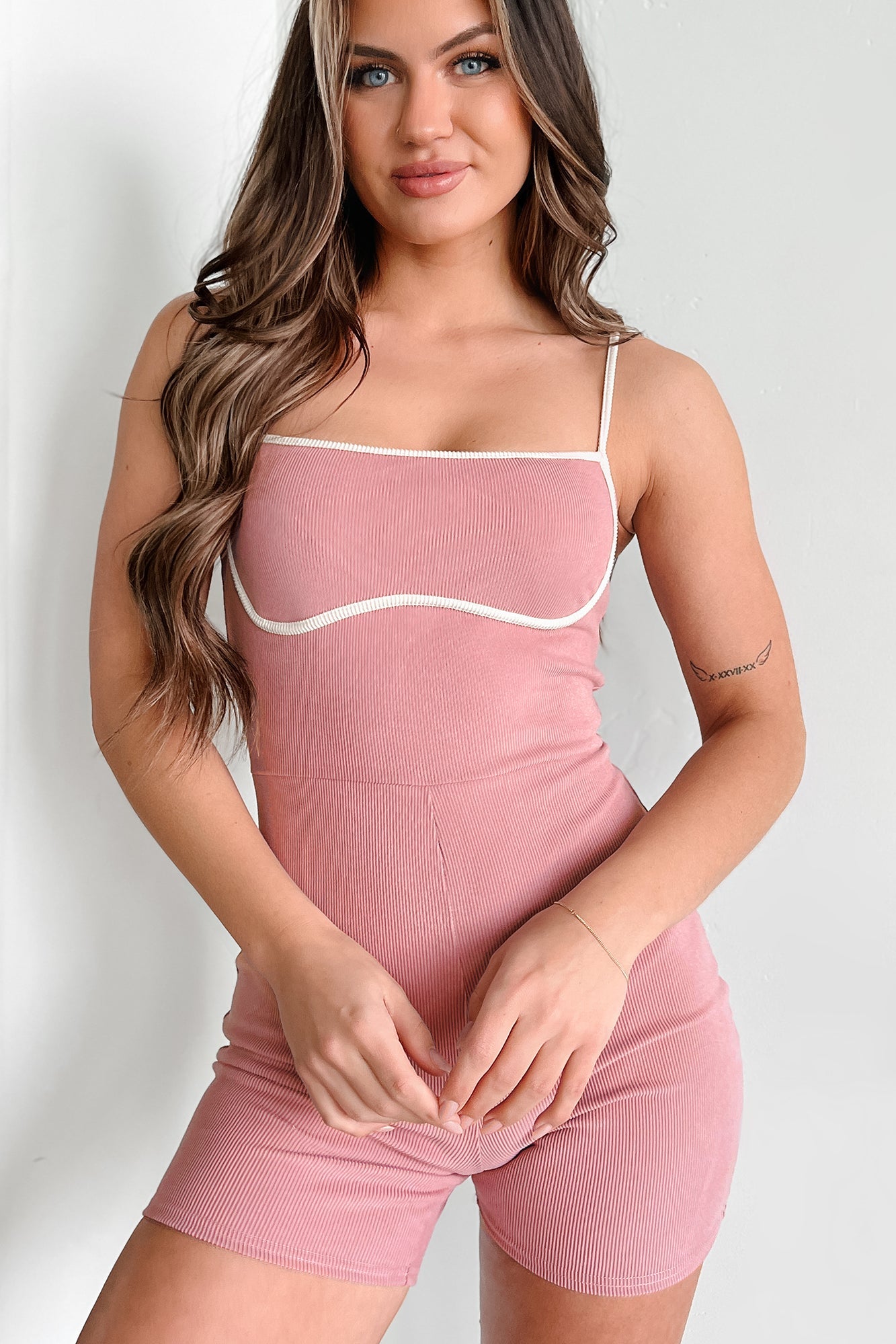 Chic Alternative Ribbed Contrast Seam Romper (Mauve/Cream)