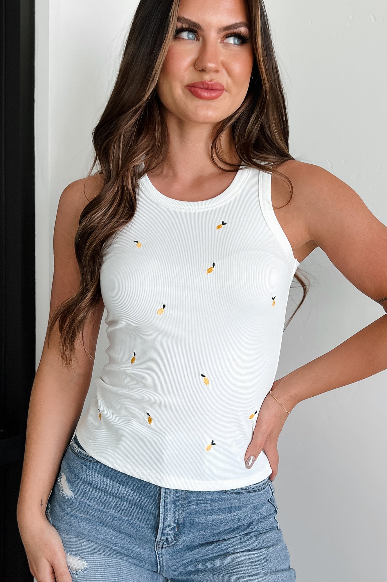 Warmer Days Lemon Embroidered Tank Top (White/Lemon)