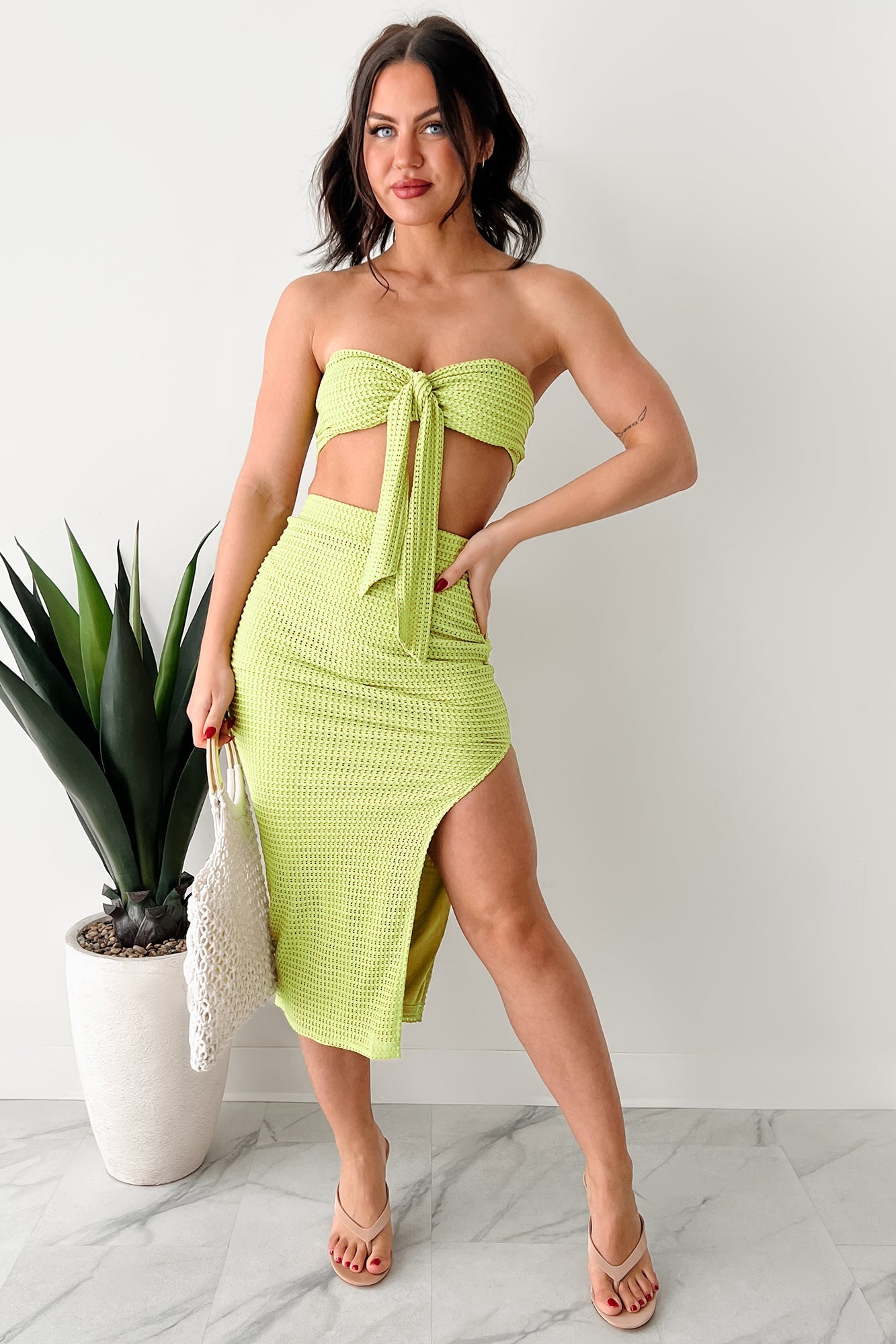 Flawlessly Loud Textured Knit Bandeau & Skirt Set (Kiwi)