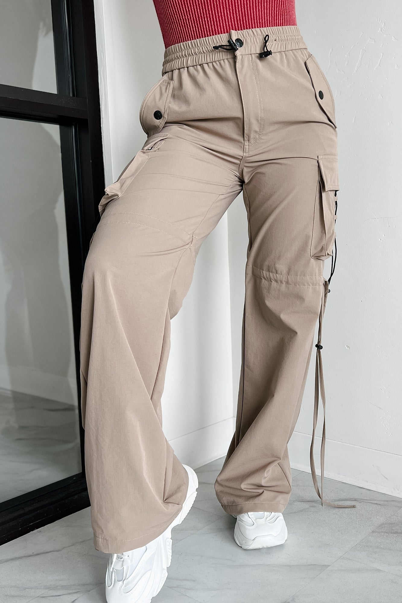 Finding My Way Wide Leg Cargo Drawstring Pants (Khaki)
